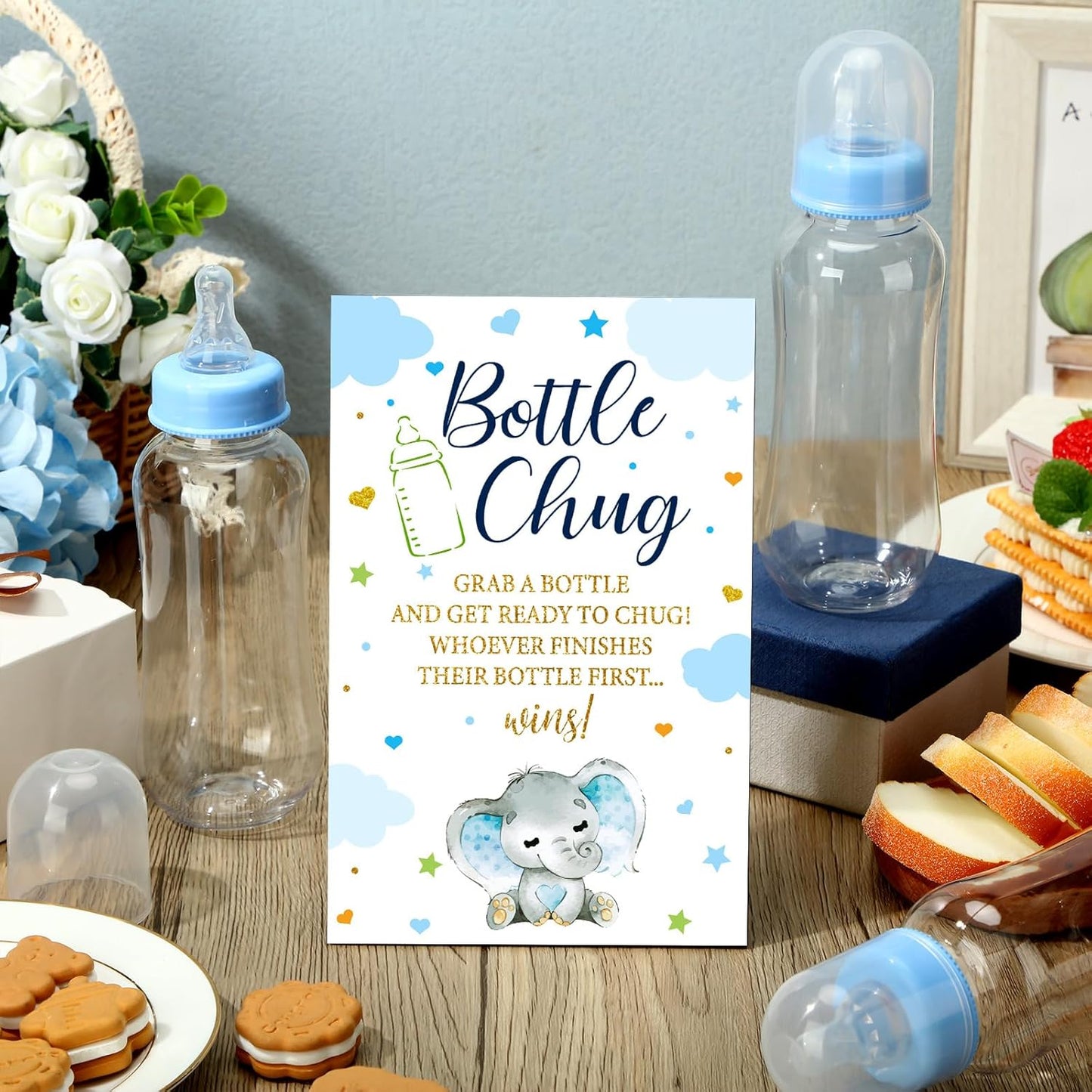TrelaCo Blue Elephant Cool Baby Shower Games Bottle Chug Sign Wooden Elephant Theme Gift Sets Gender Reveal Party Favors and 12 Pcs Baby Bottle Shower Favor for Games Gender Reveal