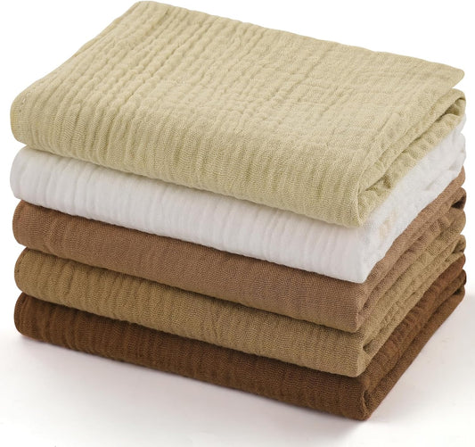 MUKIN Baby Washcloths,Muslin Burp Cloths Towels for Newborns,Absorbent Cotton Bath Face Towel ，5 Pack, 12x12 Inches (Amber Glow)
