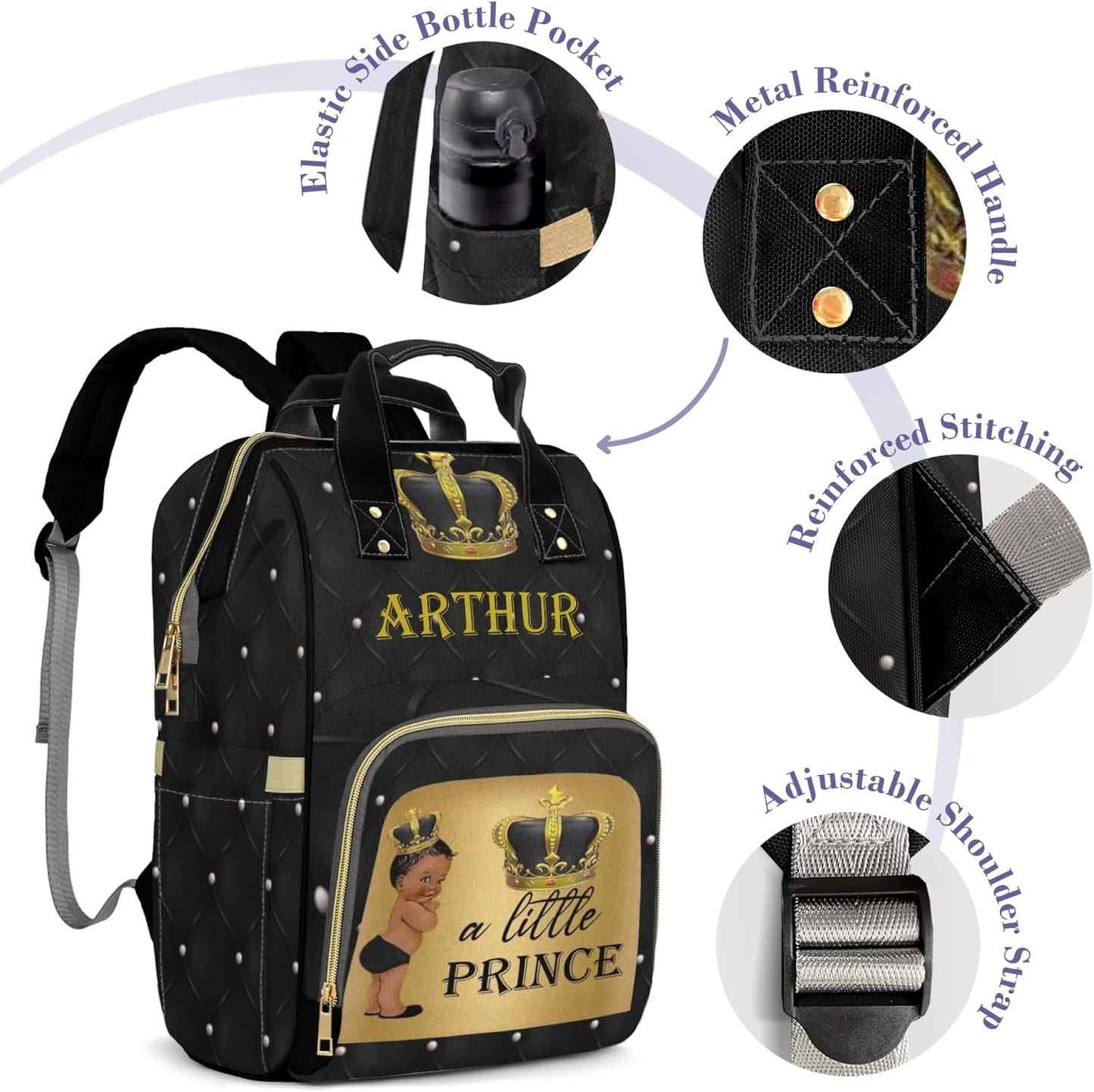Personalized Diaper Bag Backpack for Boys, Black Gold Custom Diaper Bag with Name, Large Capacity, Waterproof Baby Boys Bag Backpack with Adjustable Shoulder Straps Nappy Bag