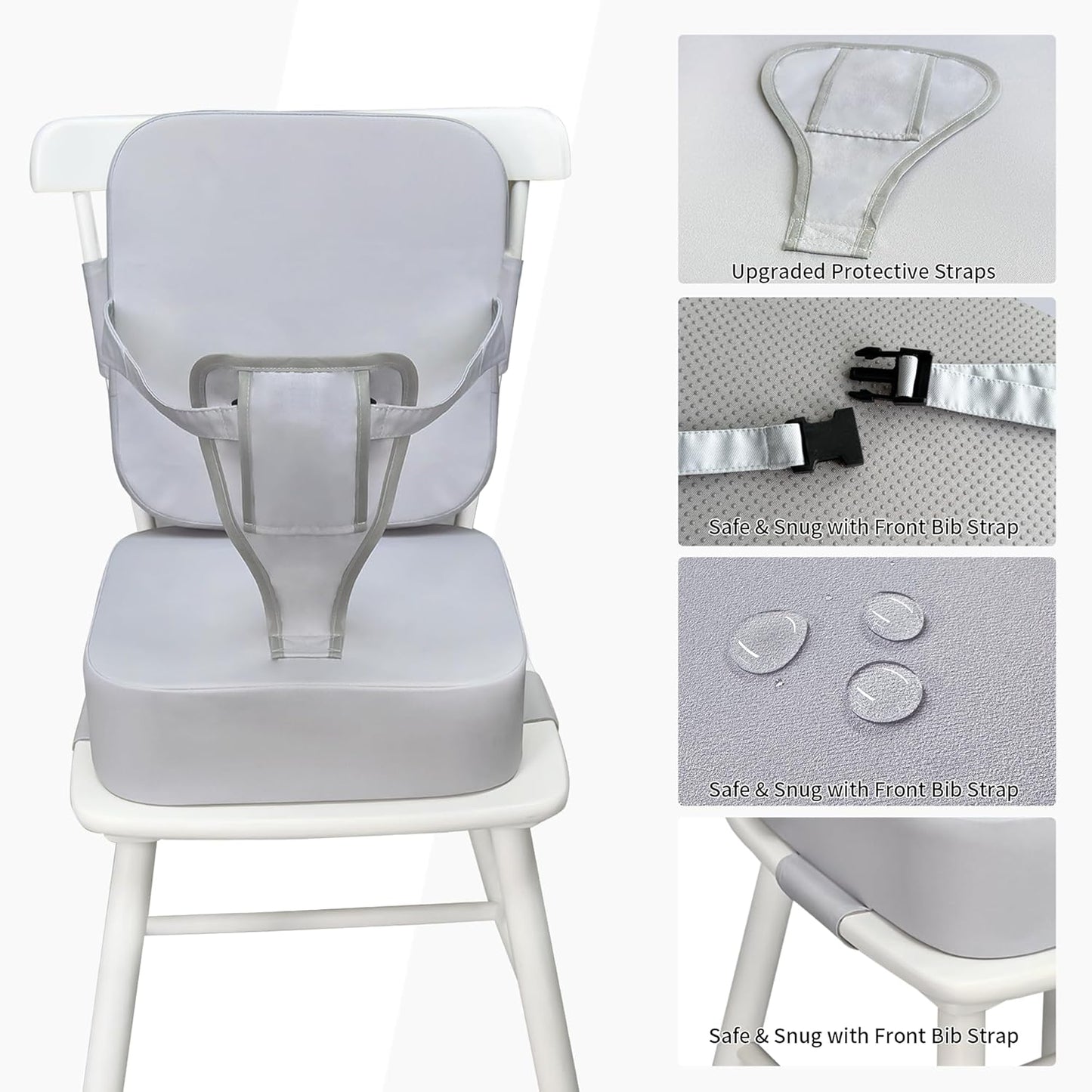 Toddler Booster Seat for Kitchen Chair and Dining Table, Non-Slip Cushion with Backrest, Adjustable Straps, Waterproof and Portable for Travel - Grey
