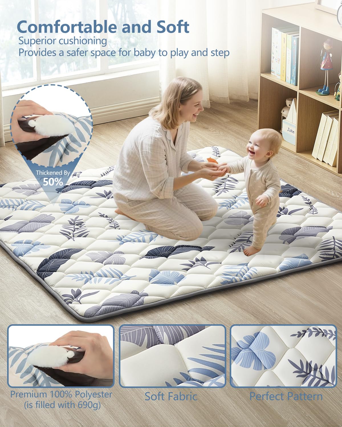 Baby Play Mat, Non-Slip Baby Mat for Floor, Soft Thicker Playpen Mat, Portable Playmat, Crawling Mat for Babies, Toddlers & Infants to Play and Learn（ 43"x43"）