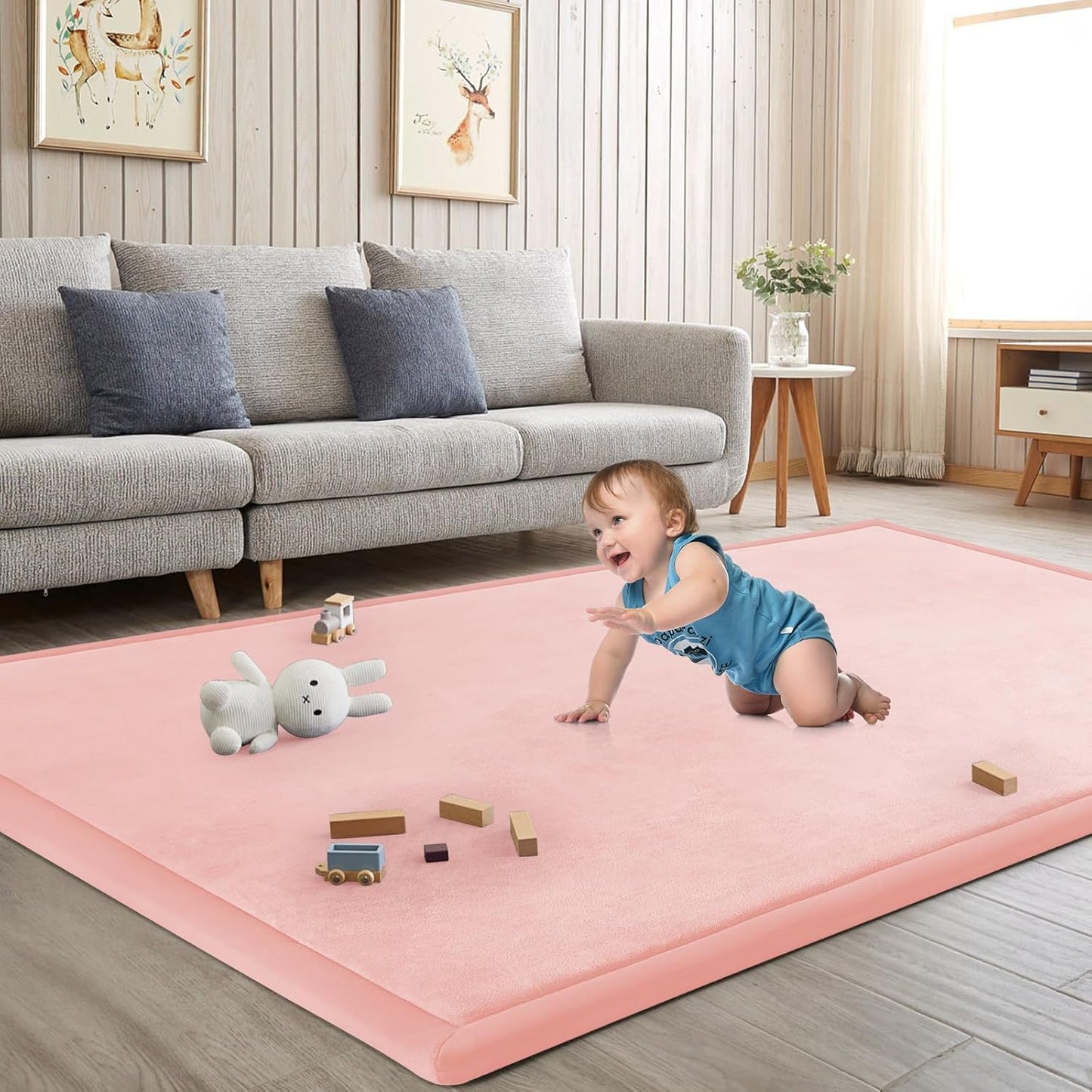 Baby Play Mat for Floor Tummy Time Mat Nursery Muscle Area Rug Playroom Rug Tatami 65"*50" Memory Foam 1.3" Thick Crawling For Babies,Toddlers, Infants, Kids,Floor(Pink)