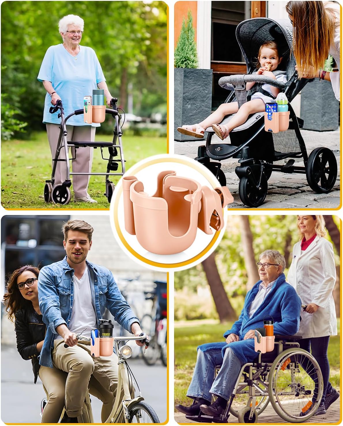 Universal Stroller Cup Holder with Mobile Phone Case, 2-in-1 Strollers Storage Rack, 360 Degrees Rotation Drink Holder for Bike, Pushchair, Wheelchair, Walker,Bicycle, Fits Most Cups (Pink)