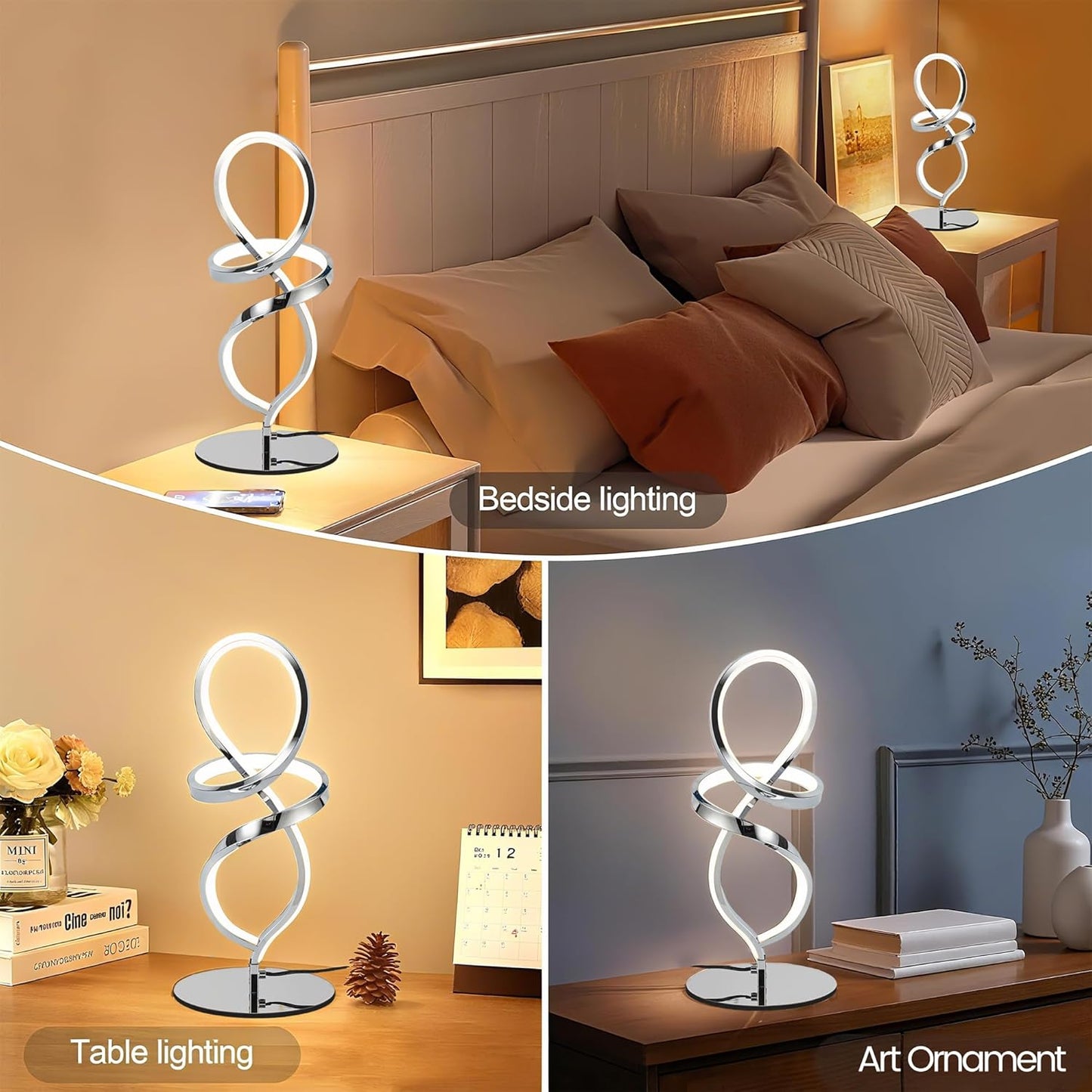 Mayful Modern Table Lamp with LED Spiral Design, Bedside Lamp with Stepless Dimming Switch, Contemporary Nightstand & Chrome Table Lamp for Bedroom, Living Room, Home Office, 12W 3200K Warm White