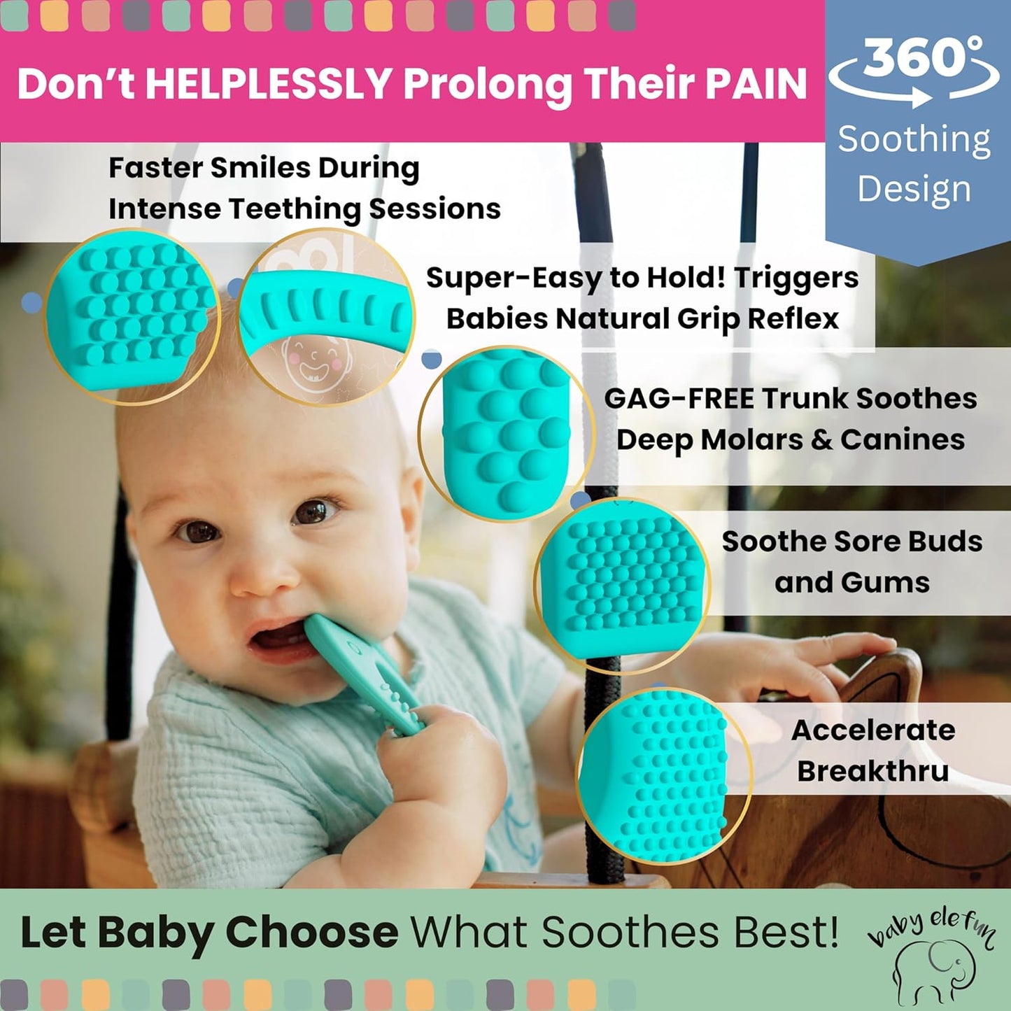 Teethers for Babies 6-12 Months - Baby Elefun 5x Pain Relief Toddler Teether. No More Ouch for Mom Anti Bite Trainer. Nurtures Grasping, Passing, Hand Eye Coordination. Silicone Baby Teething Toy Ring