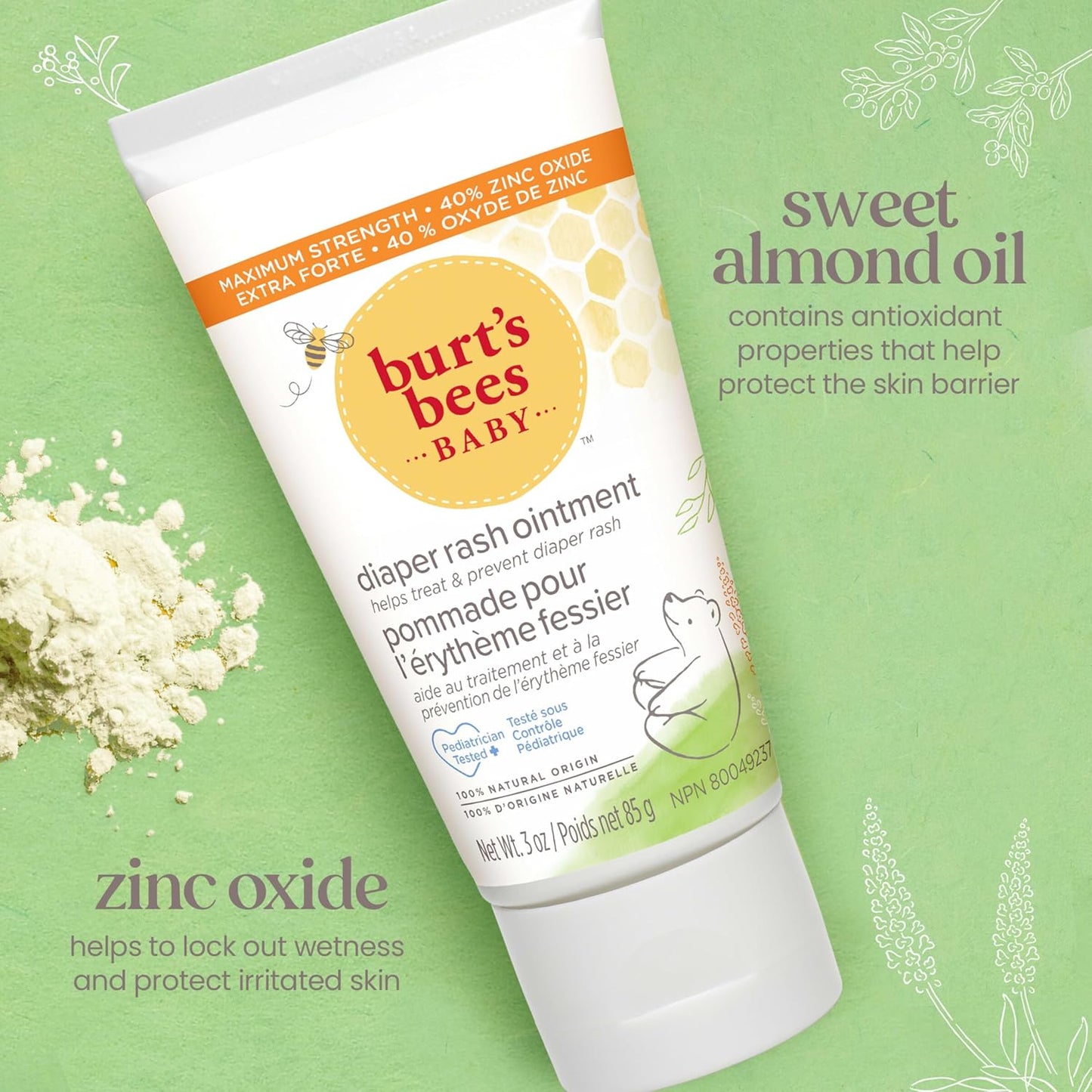 Burt's Bees Baby Diaper Rash Ointment, Maximum Strength, 40% Zinc Oxide, 100% Natural Origin, Pediatrician Tested, Net Weight 3 Ounces , Pack of 2