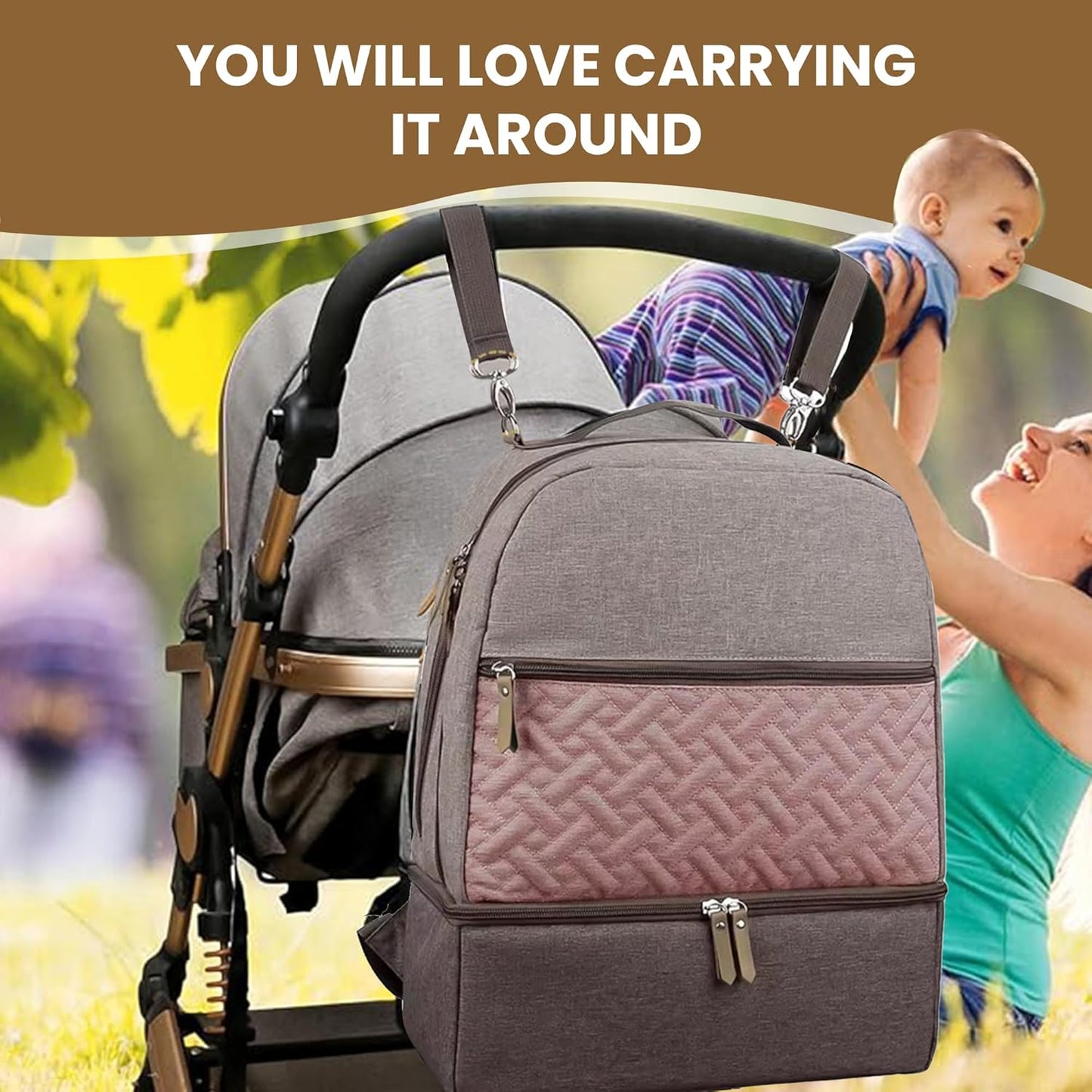 Village of Many Baby Diaper Bag Backpack - Multi-Function Waterproof Baby Bag,Medium Capacity Maternity Backpack with Insulated Pockets-Stylish&Durable Diaper Bag-Unisex, Gifts for Mothers (Rose&Grey)