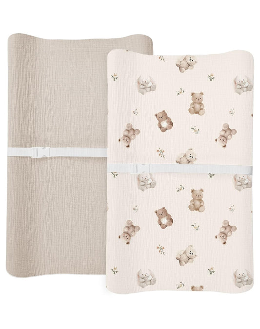 Changing Pad Cover for Baby Boy Girl 2 Pack, Muslin Changing Table Pad Covers with Boho Style, Neutral Nursery Bedding Essentials Soft and Breathable (Teddy & Friends)