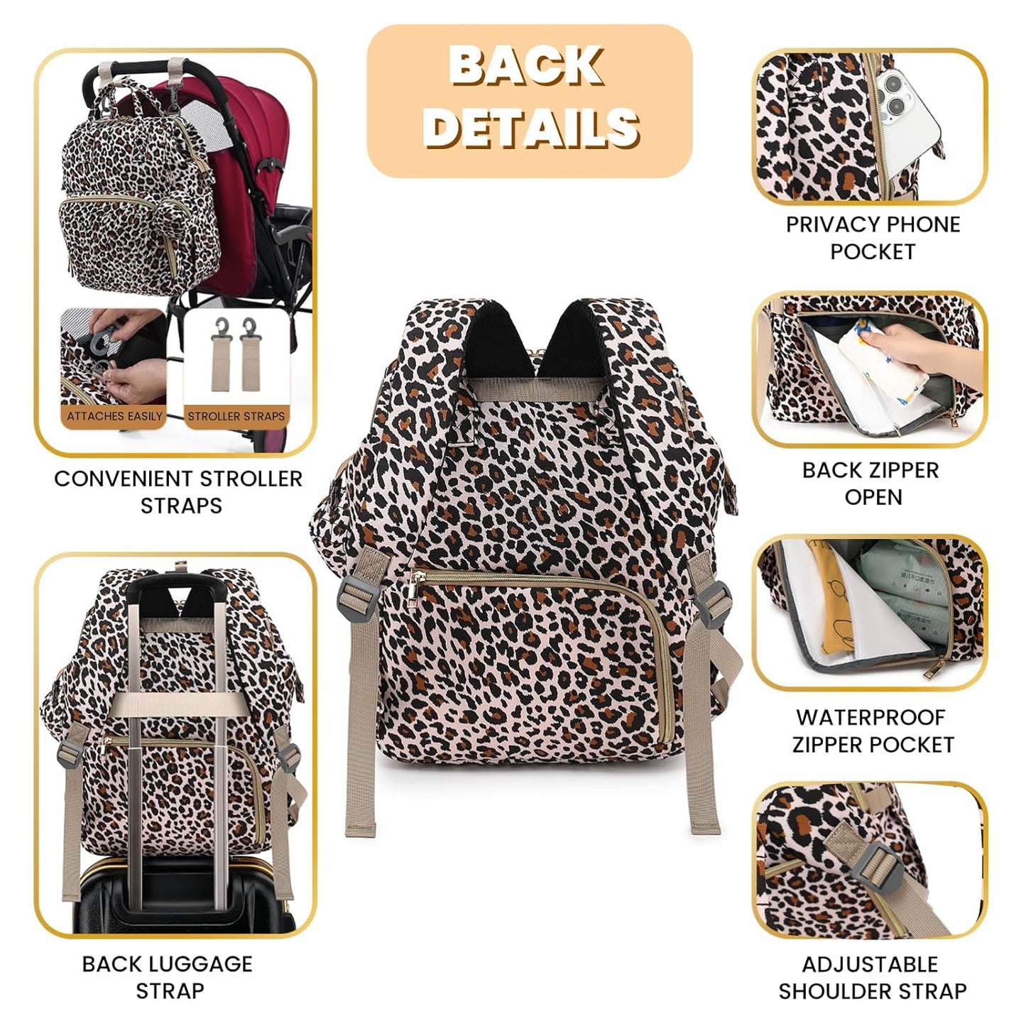 Diaper Bag Backpack with Changing Pad, Pacifier Case, Baby Bag for Boy Girl Toddler - Large, Stylish, Waterproof Travel Quilted Diaper Bag for Mom - Baby Shower - Cheetah