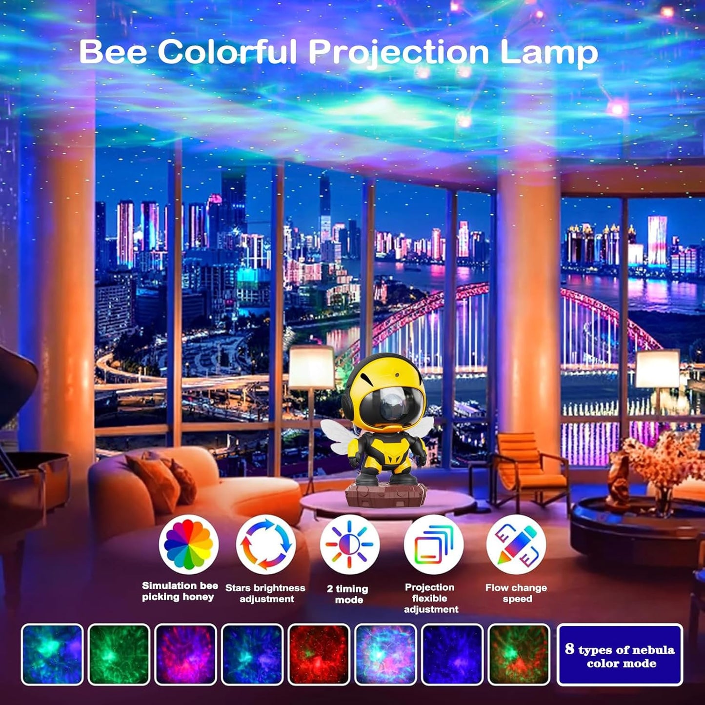 2024 New Bee Colorful Projector Lamp, Robot Toys, Star Sky Projector,Galaxy Night Light, LED Lamp, Children's Room Decor, Ideal for Christmas Gifts, Birthdays, Suitable for Girls and Boys, Adults
