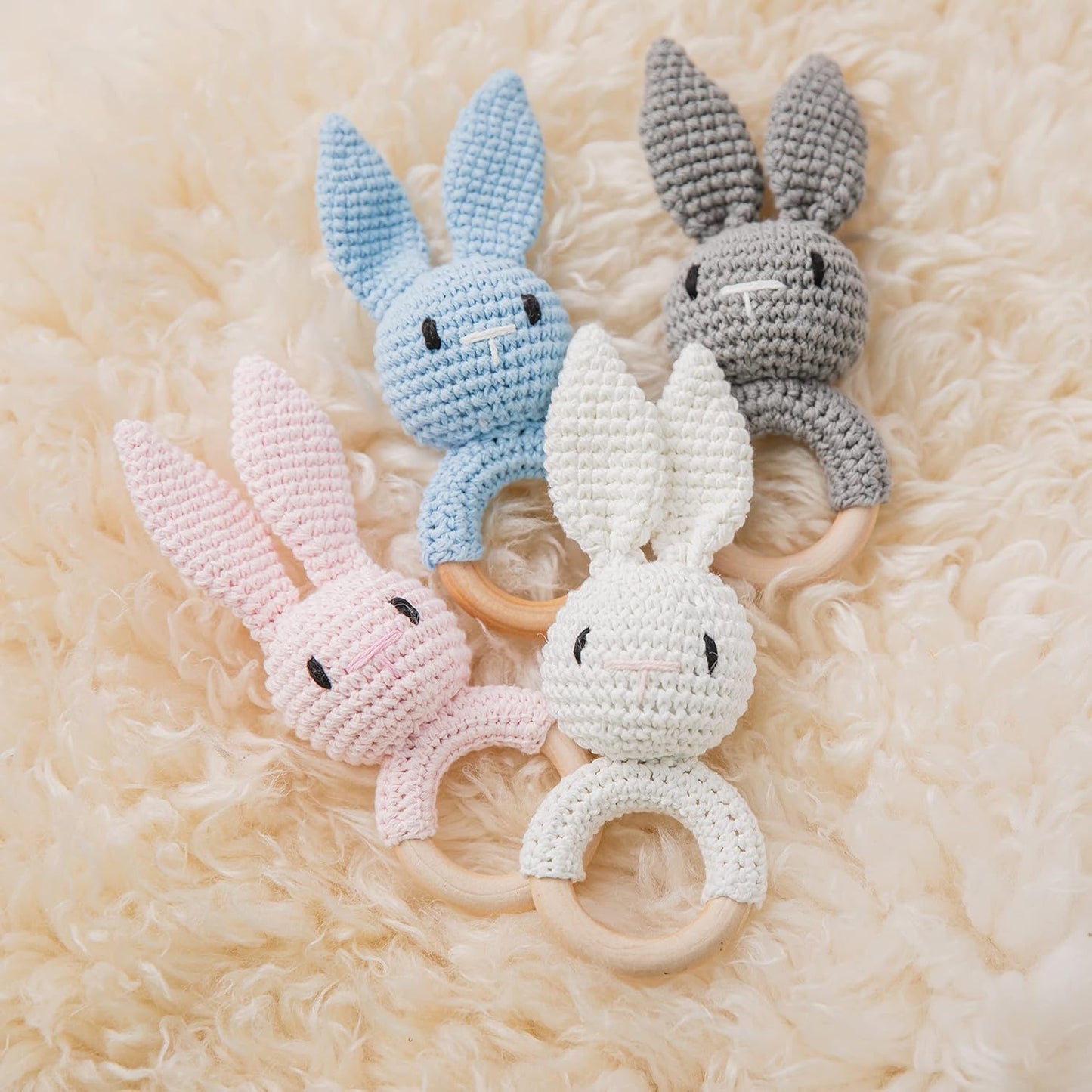 WOODEN TEETHER Crochet Baby Rattle, Crochet Baby Toys, Easter Bunny Rattle, Newborn Animal Rattle Toys，Knitted Stuffed Animals Gifts for Baby, Pink Bunny