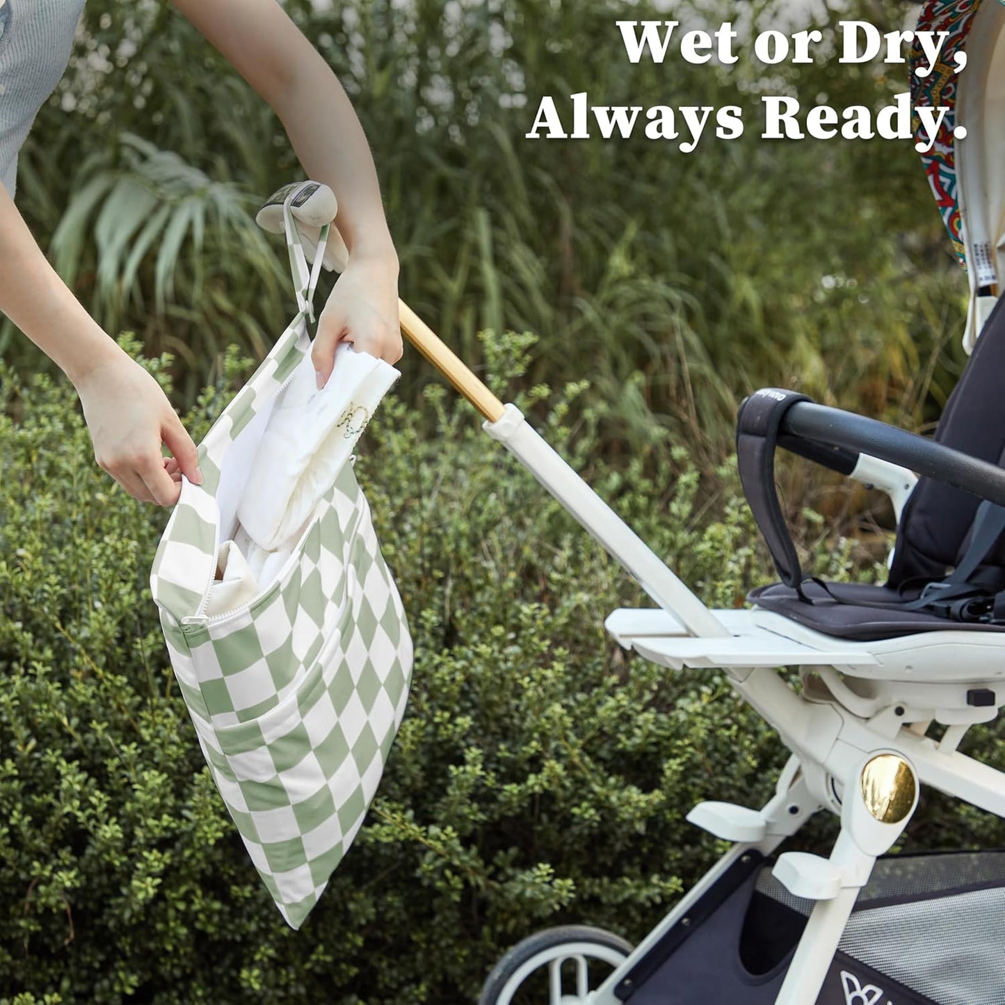 Sage Green Checkered Waterproof Wet Dy Diaper Bag for Baby Essentials, Travel, Swimsuit, Beach Bag Accessories, Aesthetic Trendy Cute Toddler Baby Cloth Bag Pouch, Pack of 2