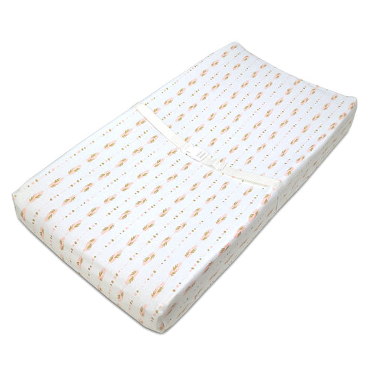 American Baby Company Printed 100% Cotton Knit Fitted Contoured Changing Table Pad Cover - Compatible with Mika Micky Bassinet, Sparkle Gold/Pink Feathers, for Boys and Girls