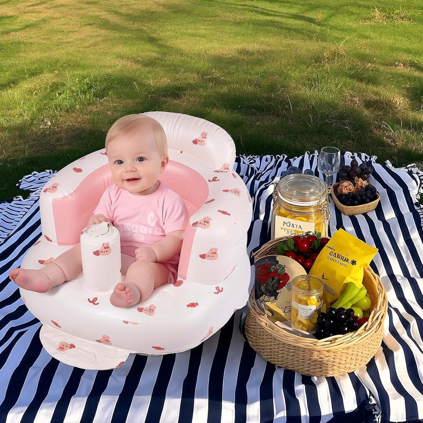 Baby Camping Chair, Inflatable Seat for Babies 3-36 Months, Baby Sit Up Chair with Built in Pump - Pink Bunny