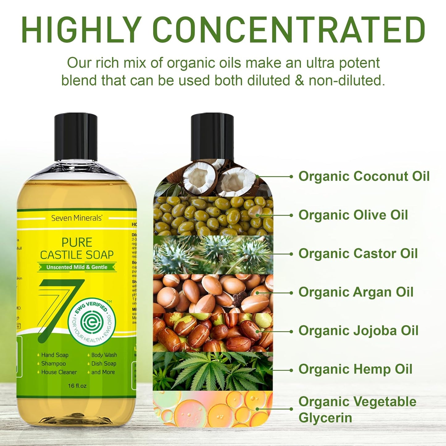 Pure Castile Soap - No Palm Oil, GMO-Free - Gentle Liquid Soap For Sensitive Skin & Baby Wash - All Natural Vegan Formula with Organic Carrier Oils (16 Fl Oz, An Unscented)