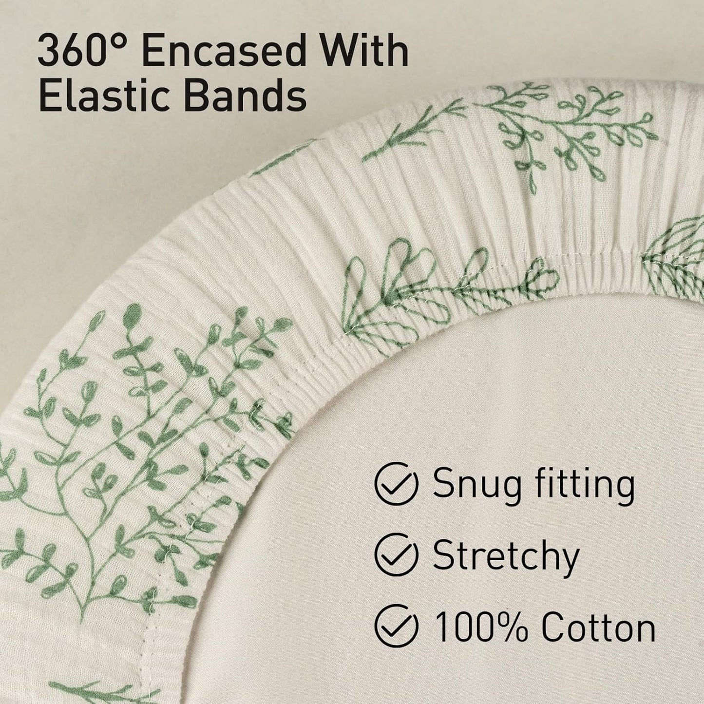 Muslin Bassinet Fitted Sheets, 2 Pack for Baby Boy and Girl, Soft Breathable Stretchy Baby Pad/Mattress Sheet Set, Universal Fit for Hourglass Oval and Rectangle Bassinet Mattress (Natural Leaves)