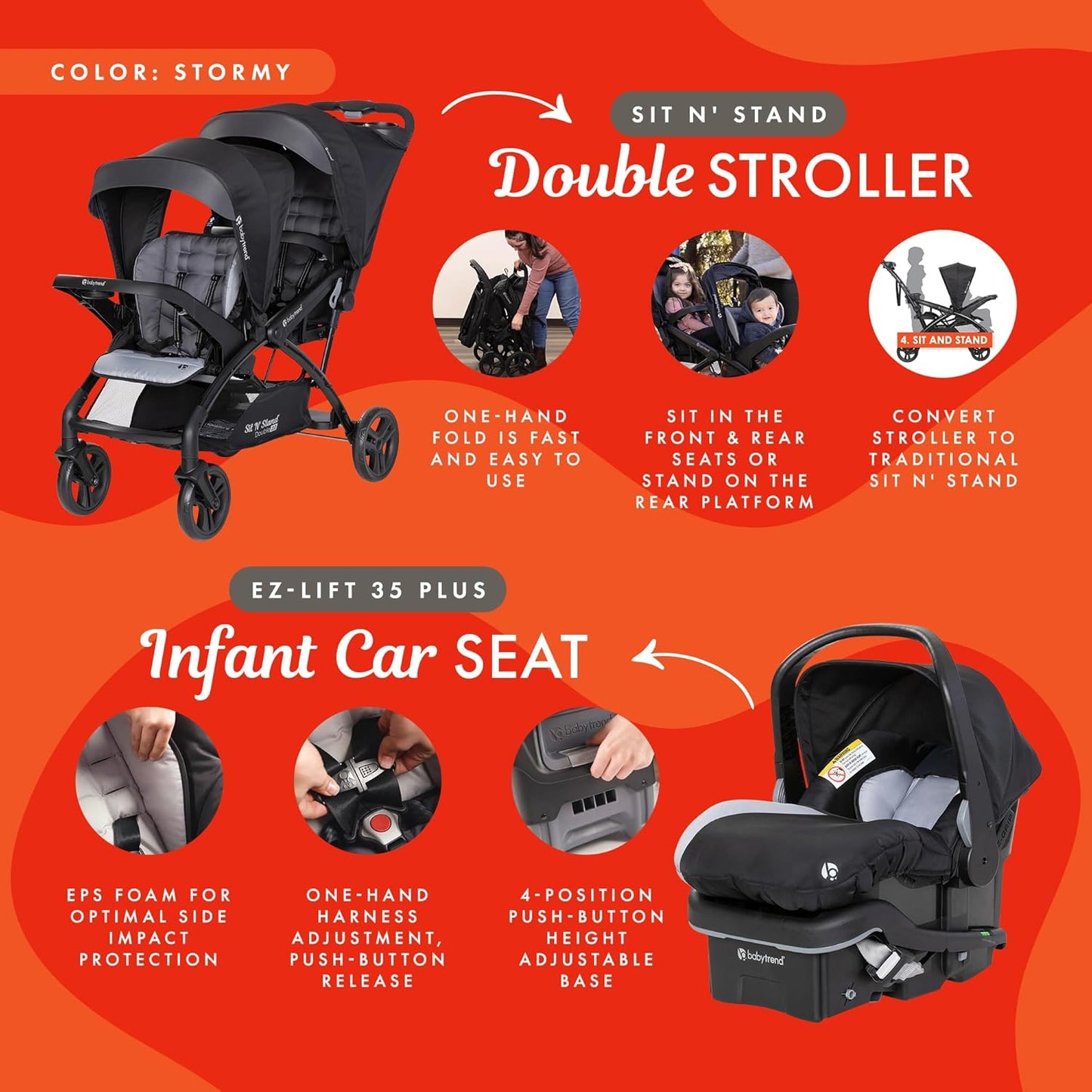 Baby Trend Infant and Toddler Double Stroller & Car Seat Combo, 2 Pc Set, Stormy - Lightweight and Compact Travel Stroller and Carseat Tandem for Babies, Infants, and Toddlers