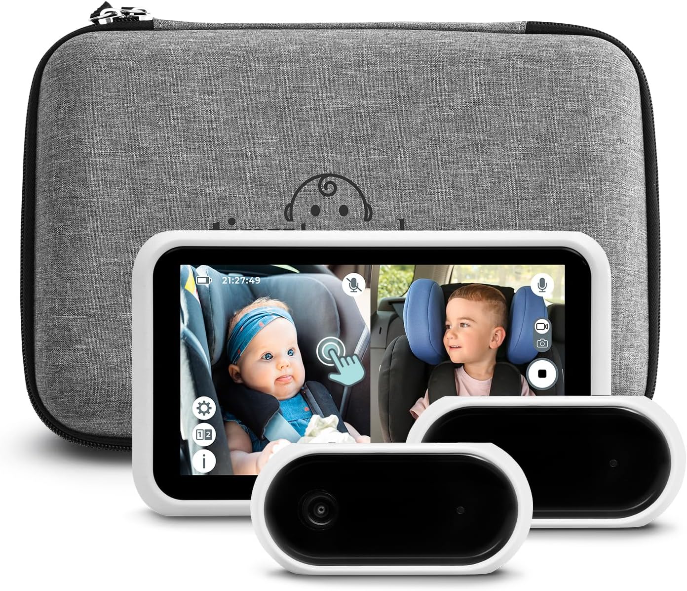 Tiny Traveler Baby Car Monitor for 2 Kids, 5” Touch Screen, No WiFi, Home Travel Roadtrip – Rear-Facing Car Seat Monitor Night Vision Baby Reminder Alert - White