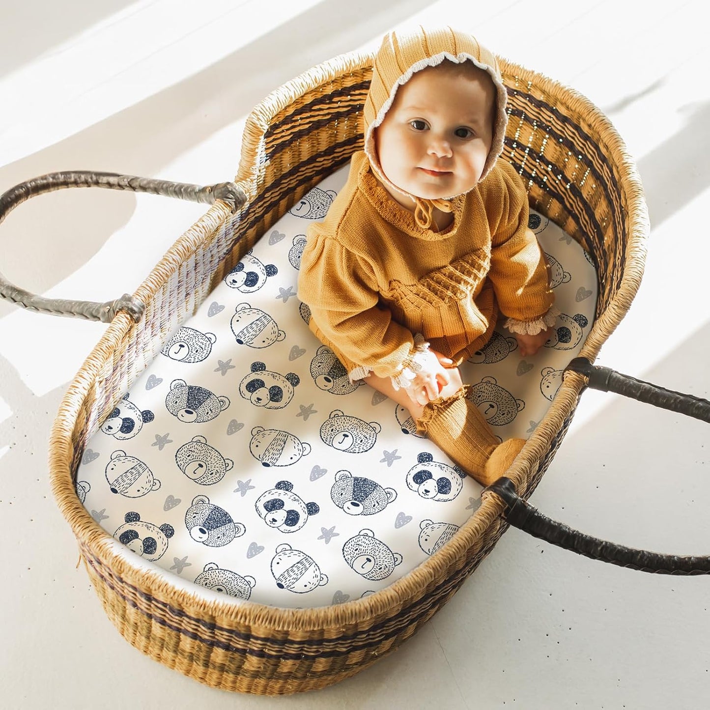 Yoofoss Bassinet Sheets for Baby,3-Pack Fitted Bassinet Sheets Set Compatible with Halo Bassinest Swivel Sleeper,Baby Delight,Angelbliss,Soft Breathable Bassinet Mattress Sheets(Stripes + Panda)