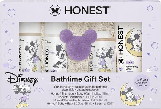 The Honest Company Calm Lavender Bathtime Gift Set and Disney Design Hypoallergenic Bath for Sensitive Baby Skin Shampoo and Body Wash Face and Body Lotion Bubble Bath Conditioner Sponge