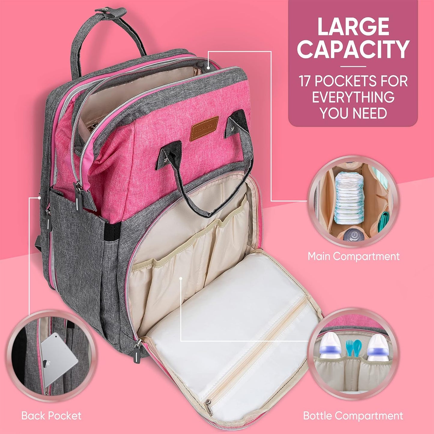 Grey Pink Baby Diaper Bag Backpack with Changing Station for Boy & Girl, Multifunction Large Diaper Bag Backpack for Mom, waterproof travel diaper bag for women, pañaleras para bebe niña