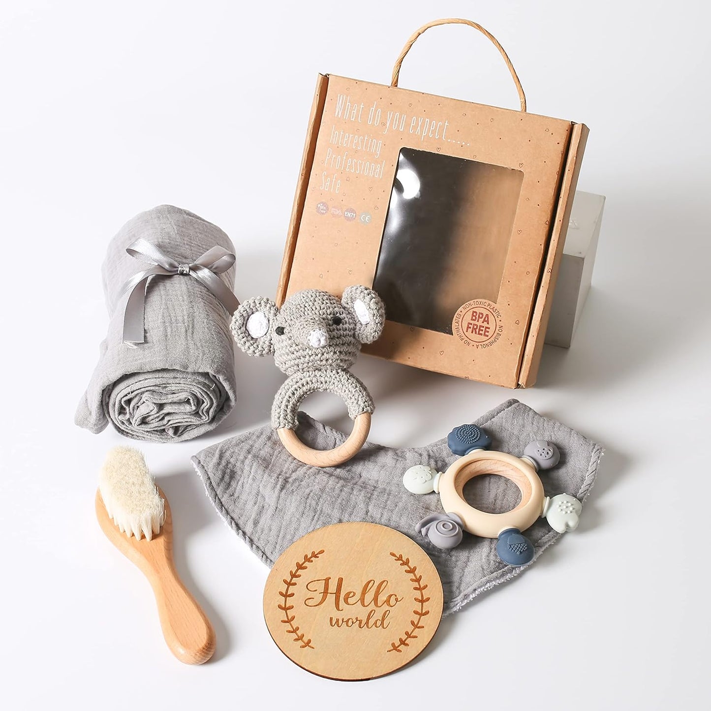 YOUUYS Baby Gift Set for Newborn - Baby Essential Bath Basket Gift Set with Baby Blanket Baby Rattle Teether Toy & Hair Brush Newborn Shower Gift for Baby Girls Boys 6PCS (Elephant)