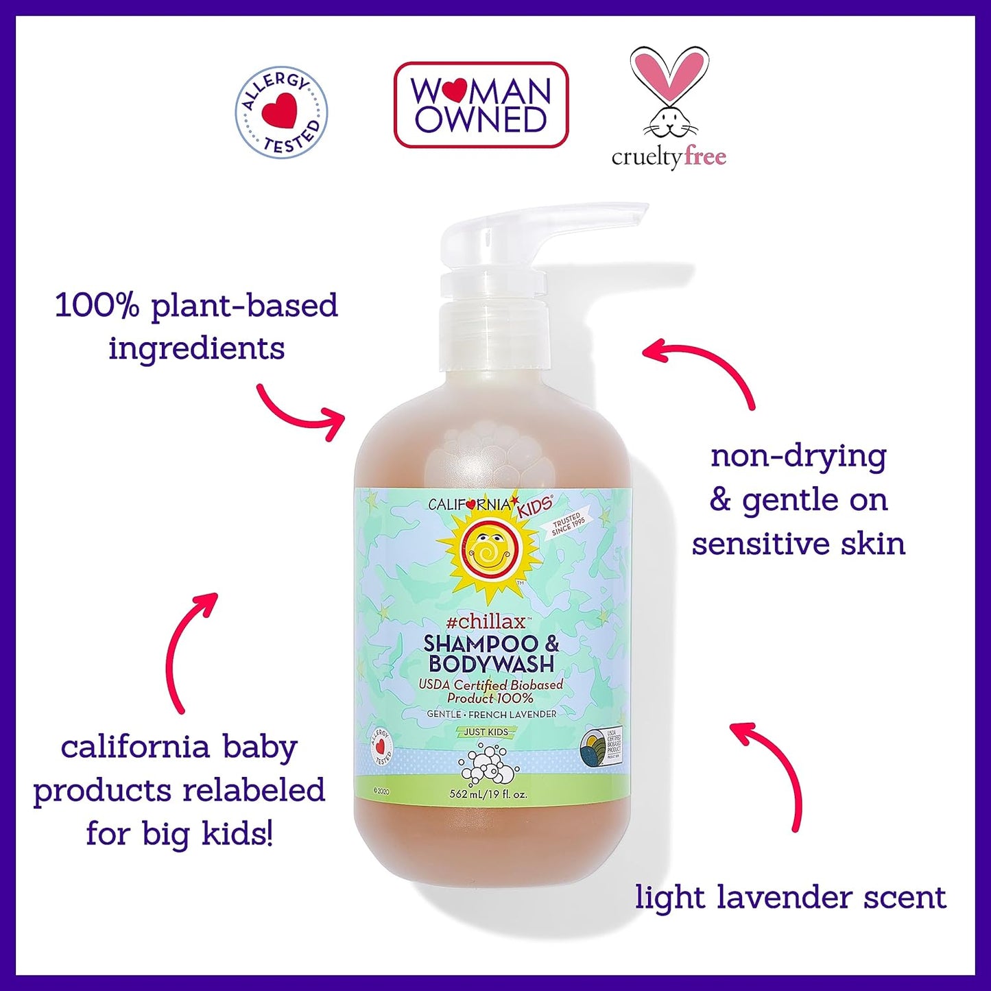 California Kids Chillax Shampoo and Bodywash | 100% Plant-Based | Gentle Skincare | Lavender Shampoo for Kids + Teens | Hypoallergenic Bodywash | 562 mL / 19 oz.
