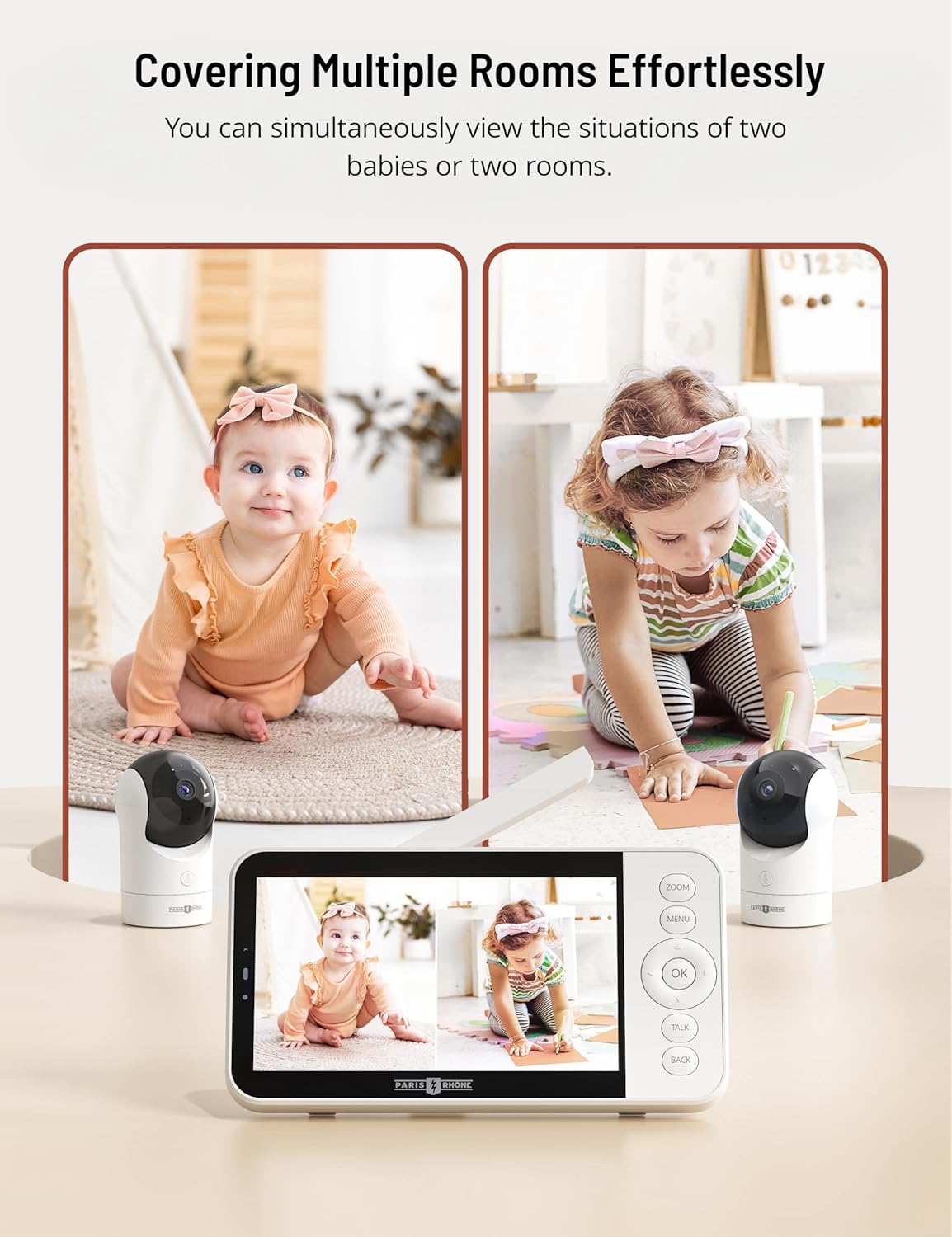 PARIS RHÔNE 2K Split-Screen Baby Monitor, 5” Smart Video Baby Monitor with 2 Cameras, Dual WiFi Cameras with App Control, Night Vision, Motion & Cry Alerts, Auto Tracking, RGB Night Light, Lullabies