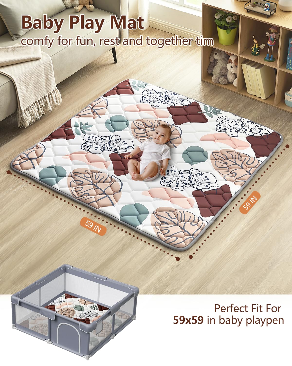 Baby Play Mat 59"x59", Non-Slip Baby Mat for Floor, Soft Thicker Playpen Mat, Portable Playmat, Crawling Mat for Babies, Toddlers & Infants to Play and Learn（Boho）