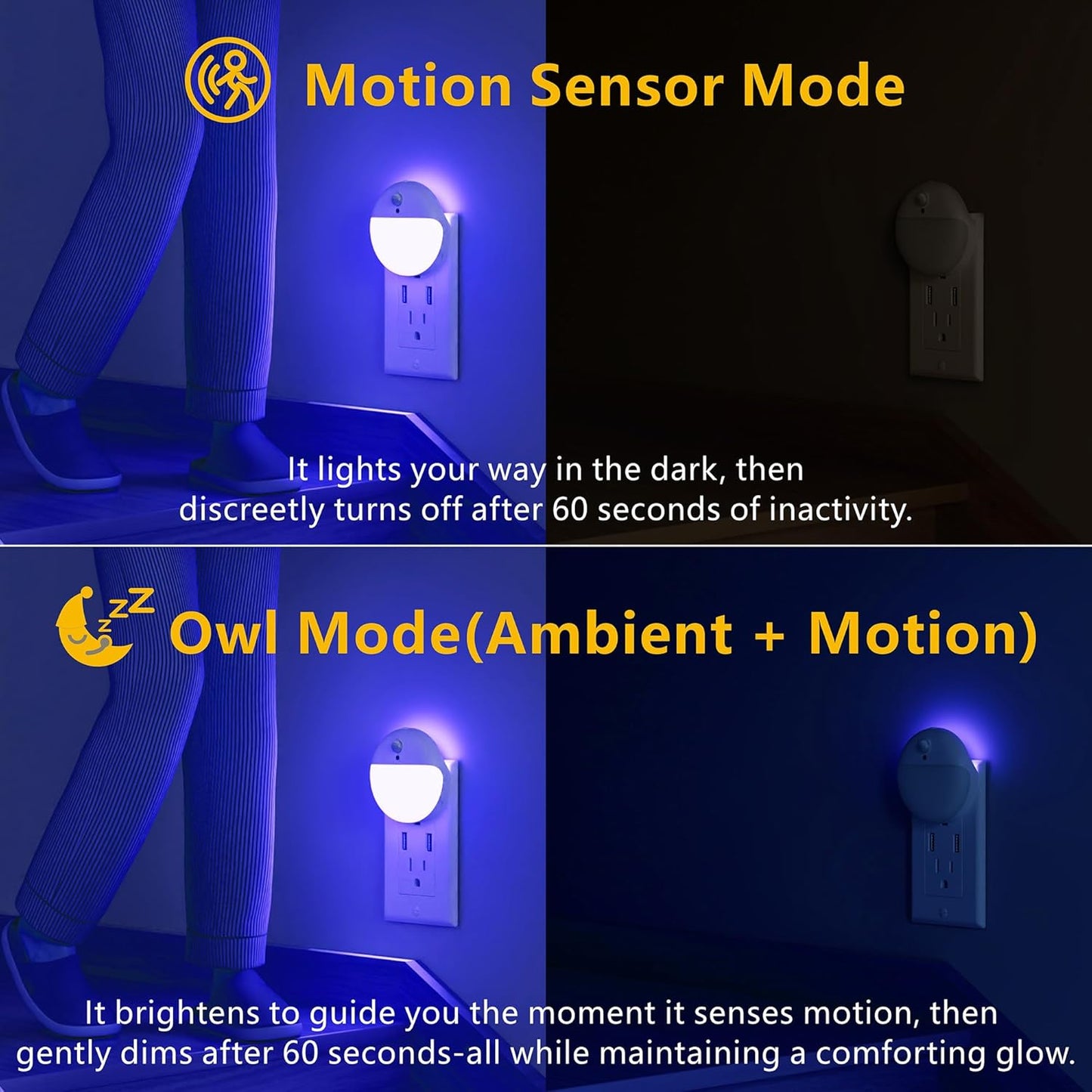 2 Pack Plug in Night Light with Motion Sensor and Dusk to Dawn Sensor, Stepless Dimming, Blue LED Nightlight with 3 Lighting Ways for Bathroom, Bedroom, for Girls, Boys, Adults