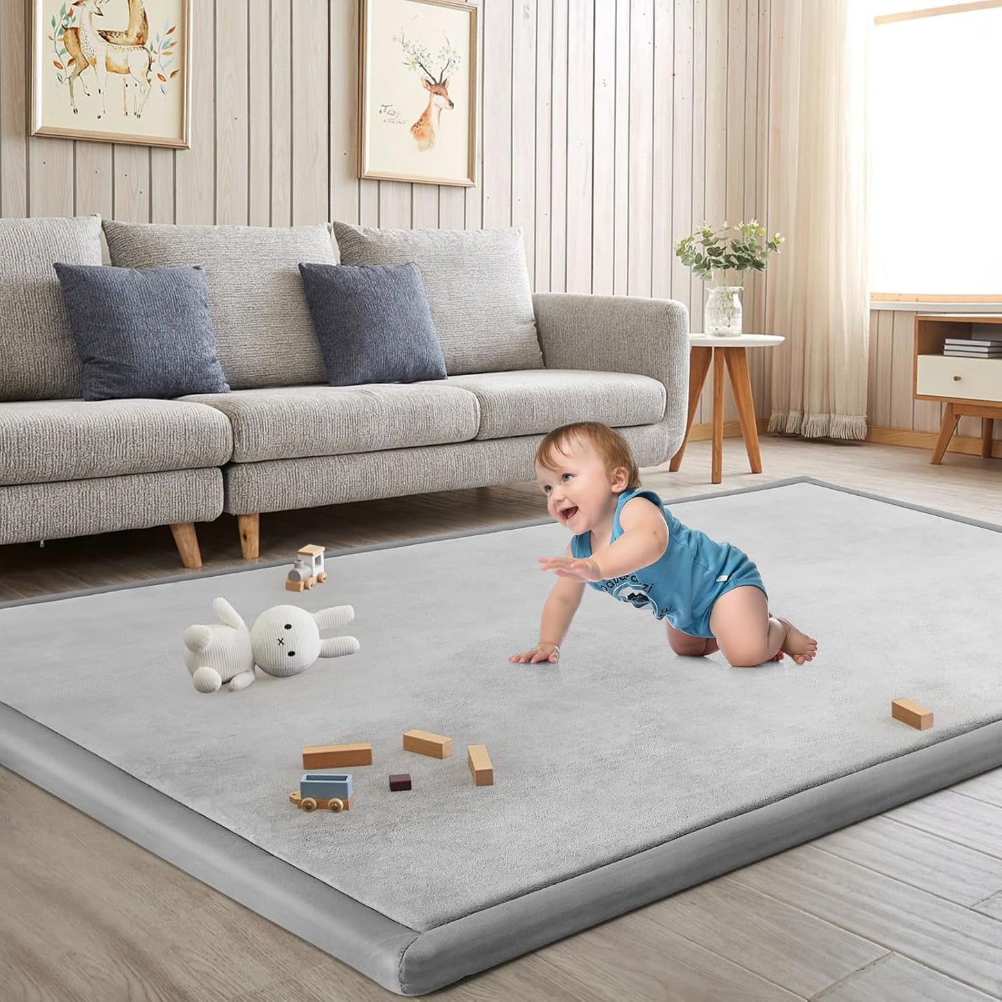Baby Play Mat for Floor Tummy Time Mat Nursery Muscle Area Rug Playroom Rug Tatami 47"*47" Memory Foam 1.3" Thick Crawling For Babies,Toddlers, Infants, Kids,Floor(Light Gray)