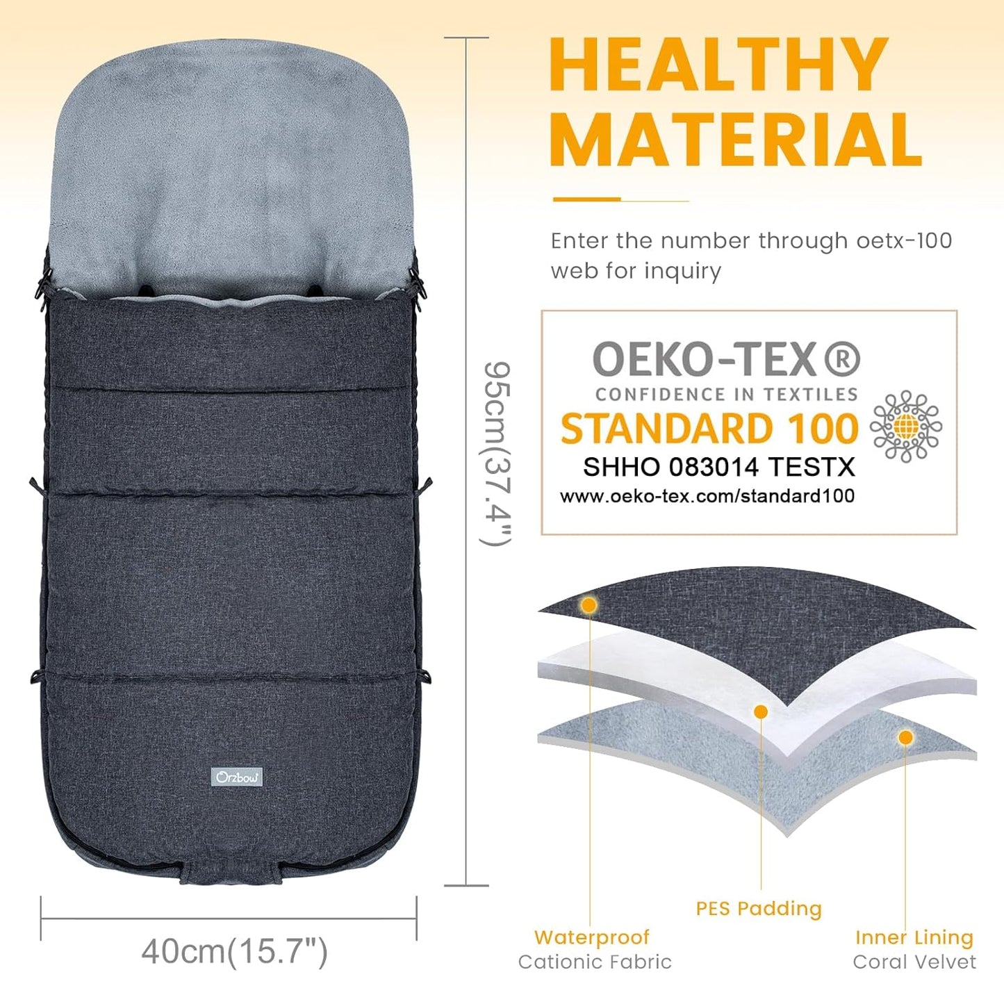 Orzbow Warm Bunting Bag Universal,Stroller Sleeping Bag Cold Weather,Waterproof Toddler Footmuff (Black)