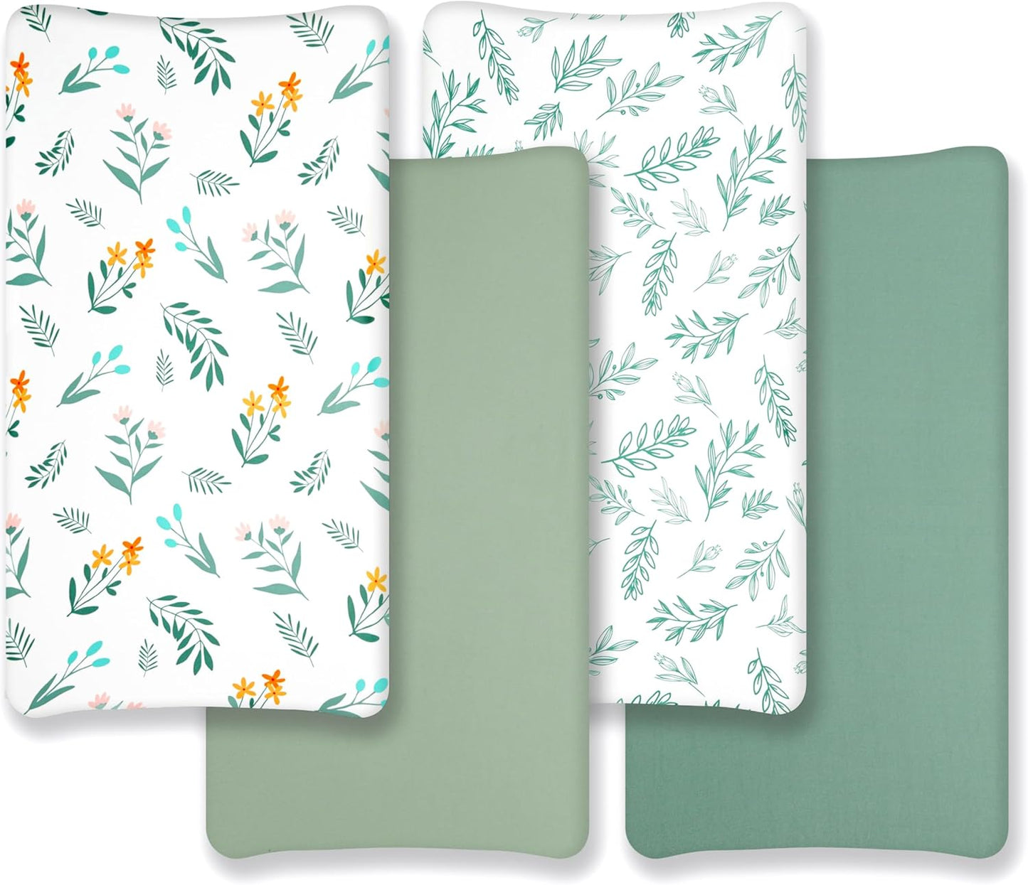 4 Pack Sage Green Fitted Nursery Sheets Breathable Neutral Unisex Baby Sheets for Boys or Girls with Leaf and Flower Design (Changing Pad Cover)