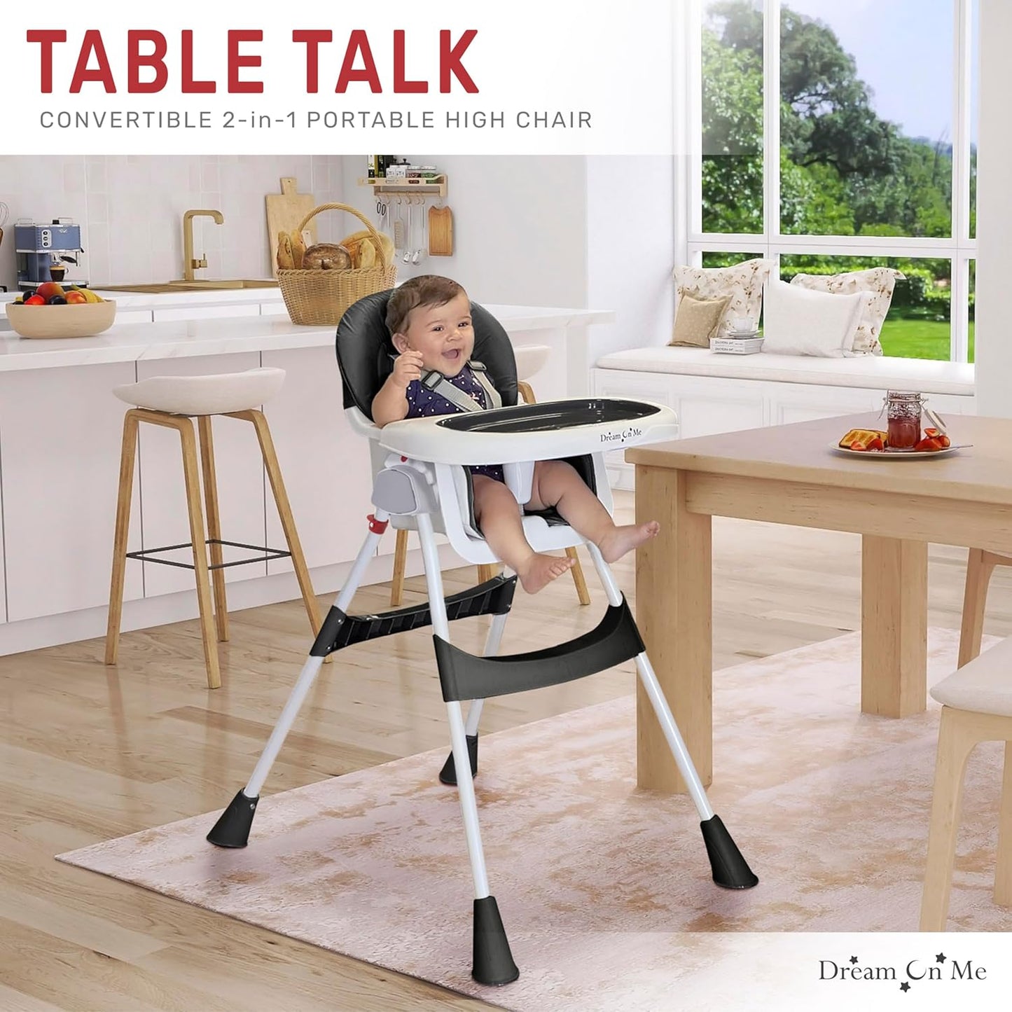 Dream On Me TableTalk 2-in-1 Portable High Chair in Black, Compact Adjustable Feeding Chair, Easy Clean Tray, Converts to Toddler Seat, Safety Harness, Self-Standing Fold