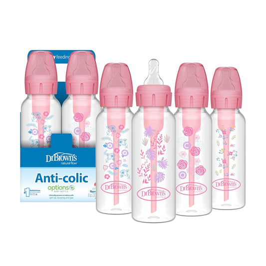 Dr. Brown's Natural Flow Anti-Colic Options+ Narrow Baby Bottle, Pink Floral, 8 oz/250 mL, with Level 1 Slow Flow Nipples, 0m+, 4 Pack