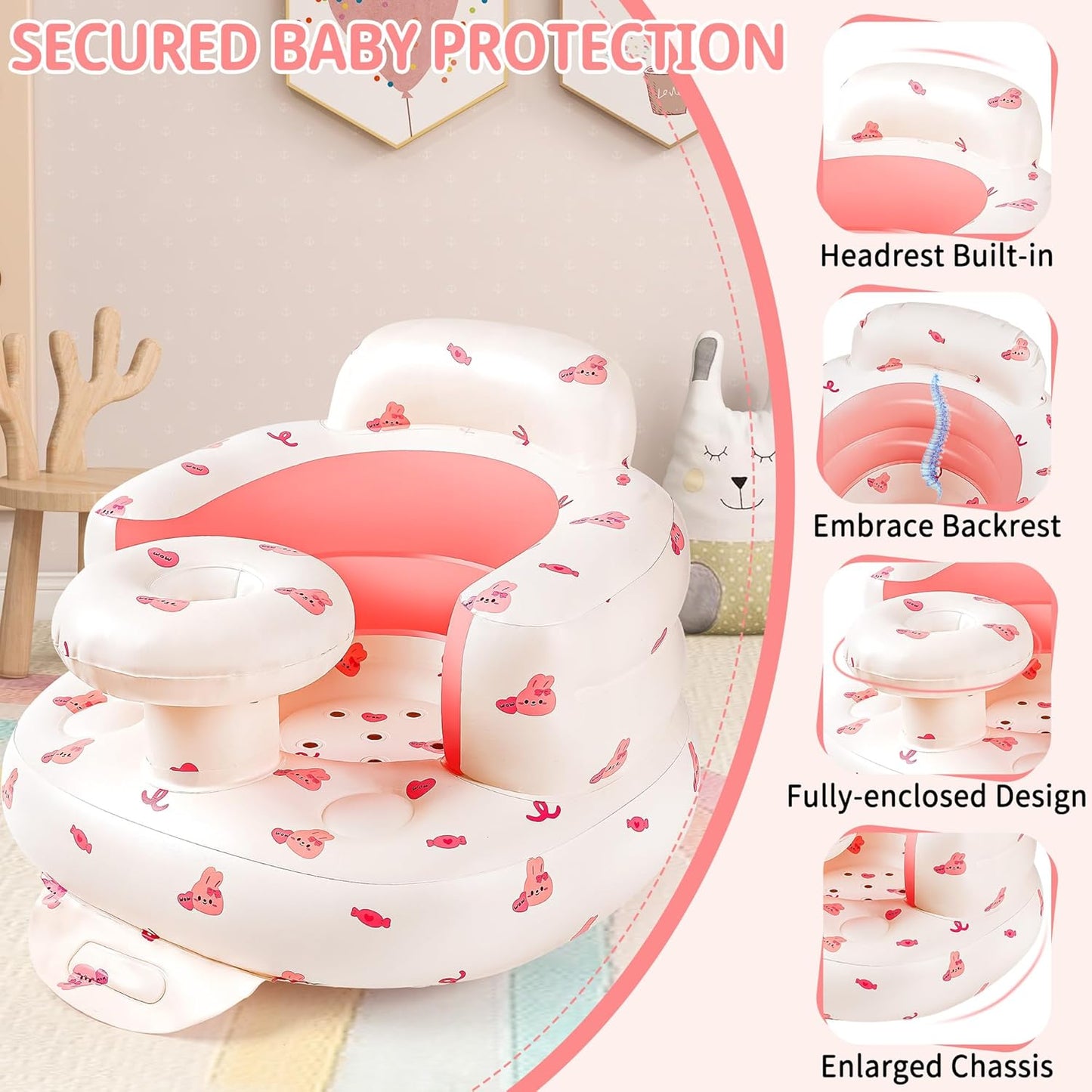 Inflatable Baby Seat for Babies 3-36 Months, Baby Chair with Tray & Built in Air Pump, Blow Up Floor Baby Seat with Back Support, Baby Chair Sit Me Up for Home, Travel (Bunny with Tray)