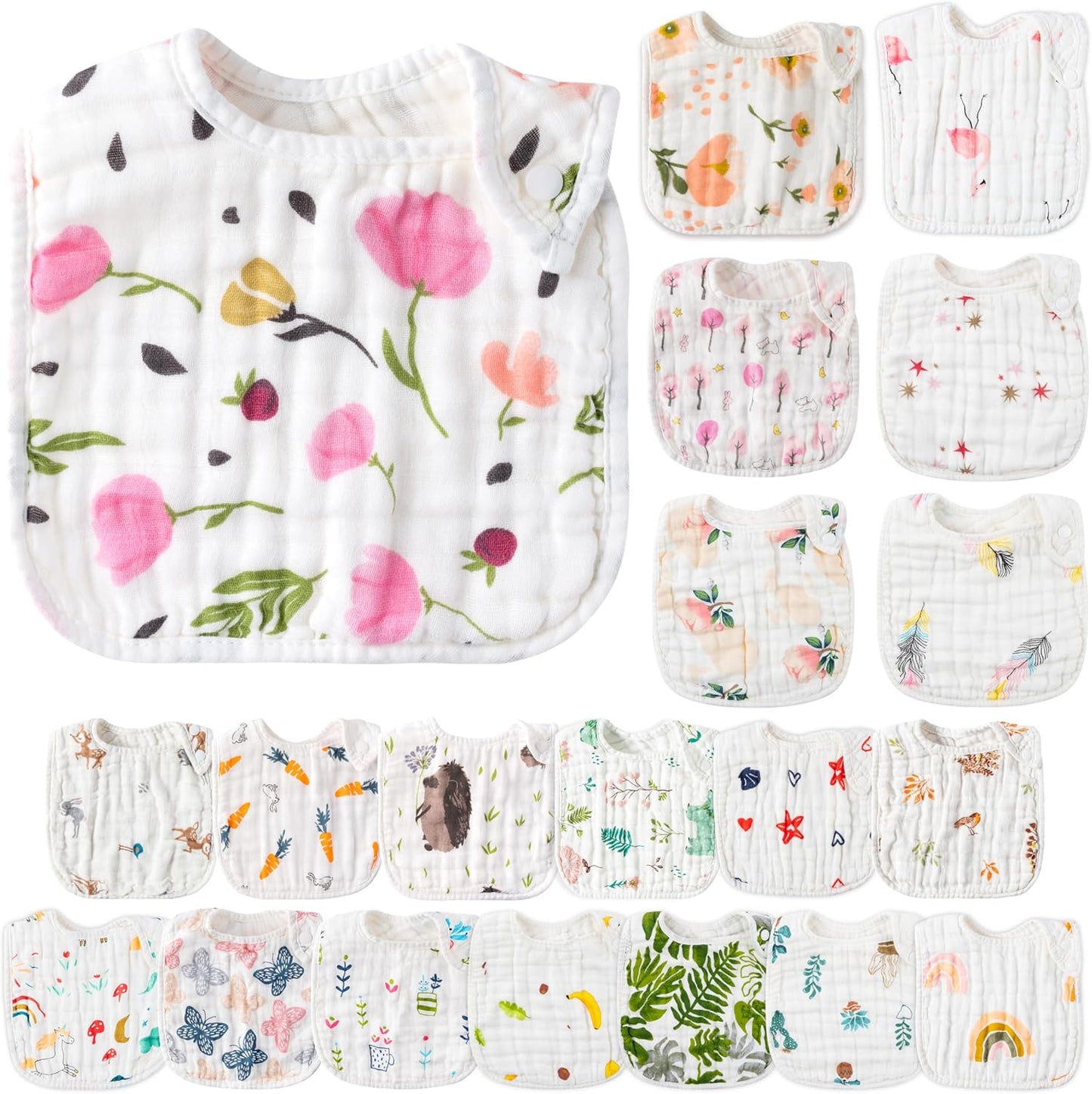 Zainpe 20Pcs Snap Muslin Cotton Baby Bibs Soft Absorbent Adjustable Burp Cloths for Newborns Drooling Feeding Teething Eating