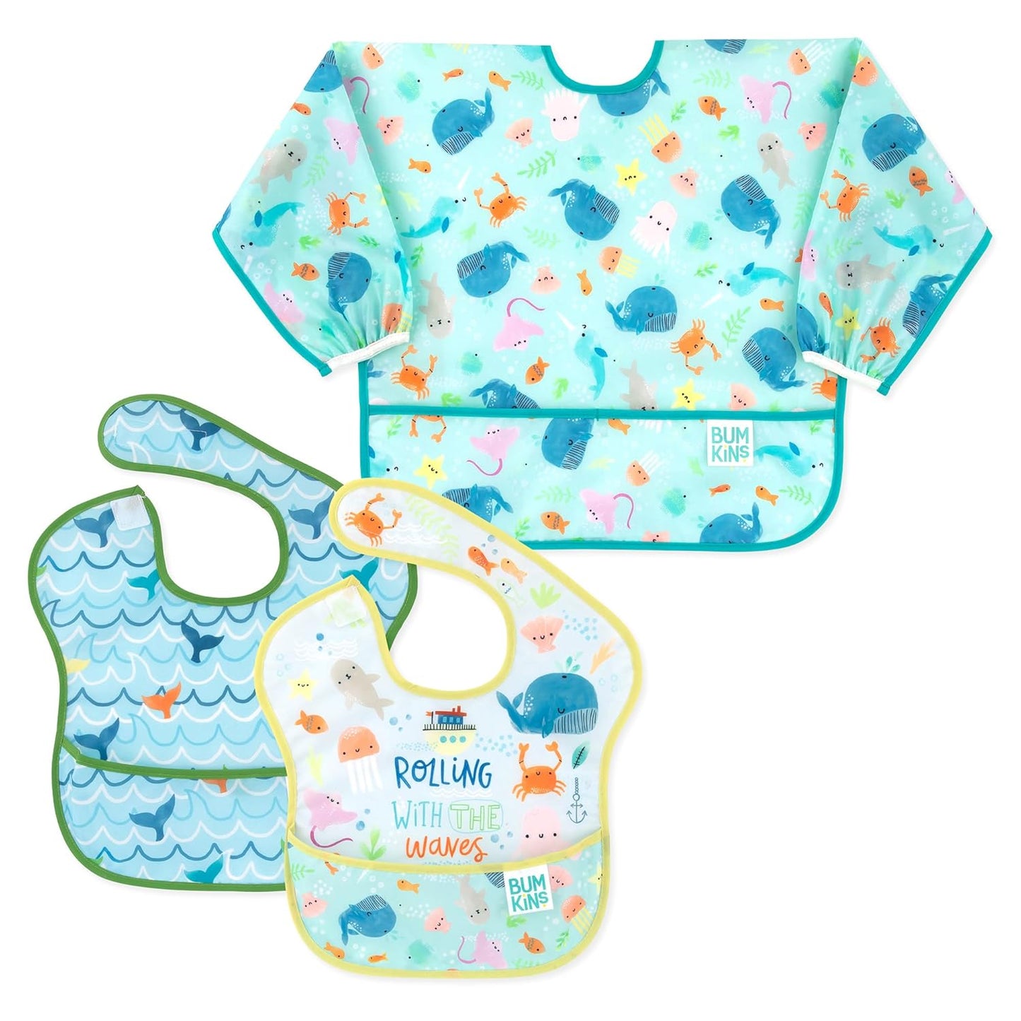Bumkins - SuperBibs + Sleeved Bib - For Boys & Girls, Babies & Toddlers 6-24 Months - Lightweight, Durable, Waterproof - Catch-All Pocket -Wipeable & Machine Wash -Ocean Life & Whale Tail Blue -3 Pack