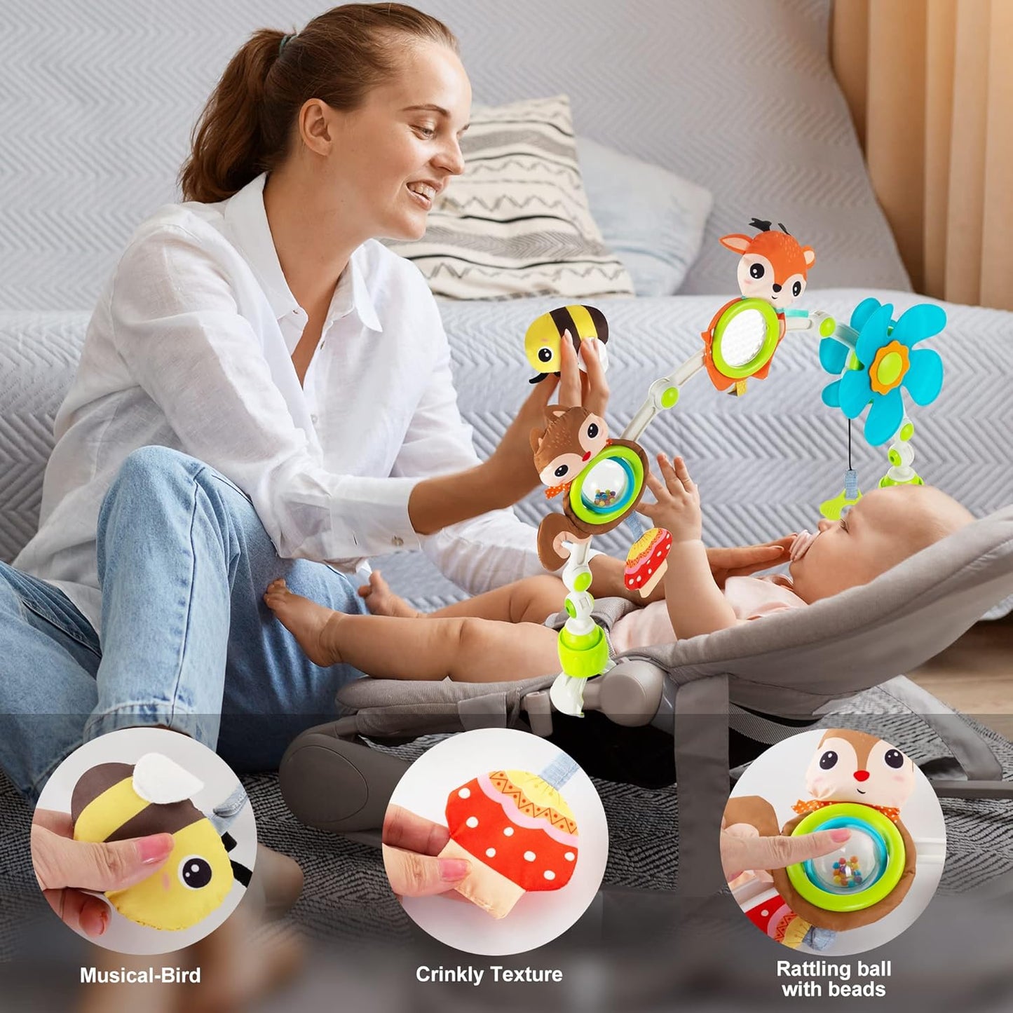 Adjustable Arch Bassinet Toys for Infant & Toddlers, Stroller Arch, Baby Crib Toys with Fascinating Hanging for Stimulating Baby’s Senses and Developing Motor Skills