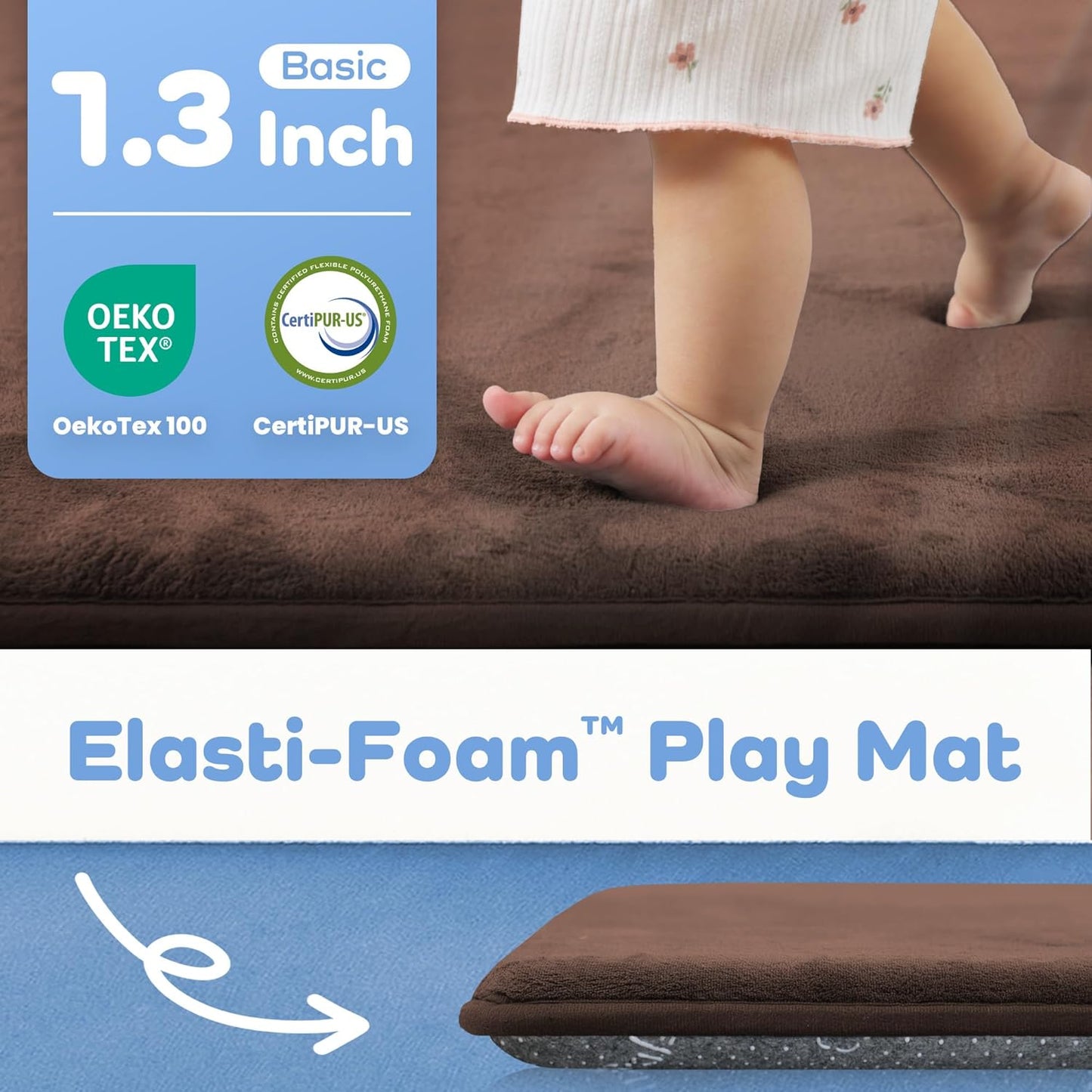 1.3" Thick Baby Floor Play Mat 50x50, Basic Padded Foam Mat for Tummy Time Crawling, Non Slip Cushioned for Babies Toddlers Infants Kids (Brown)
