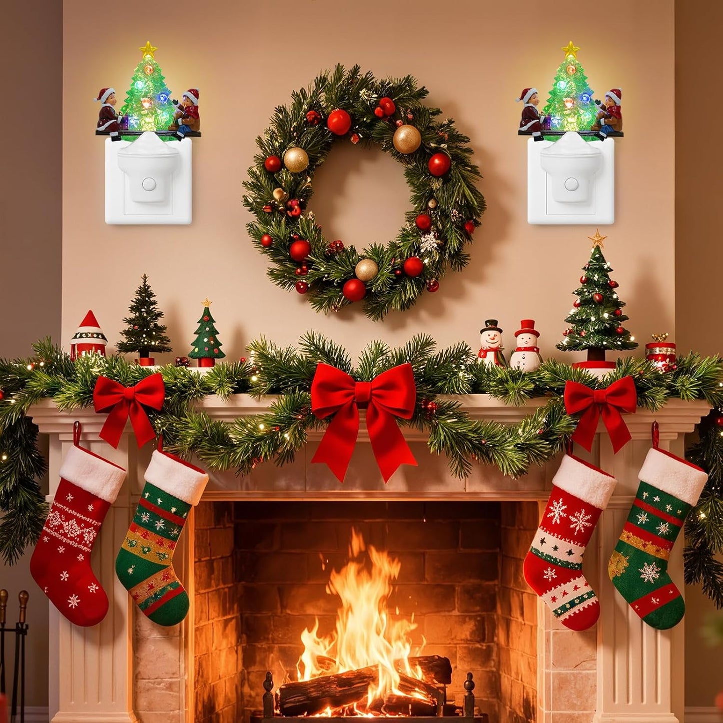 2 Pack Christmas Night Light Plug into Wall Nightlight with USB/Outlet Options, Christmas Tree Decorative Night Light for Bedroom Kitchen Nursery Holiday Decorations Gifts (Seesaw)