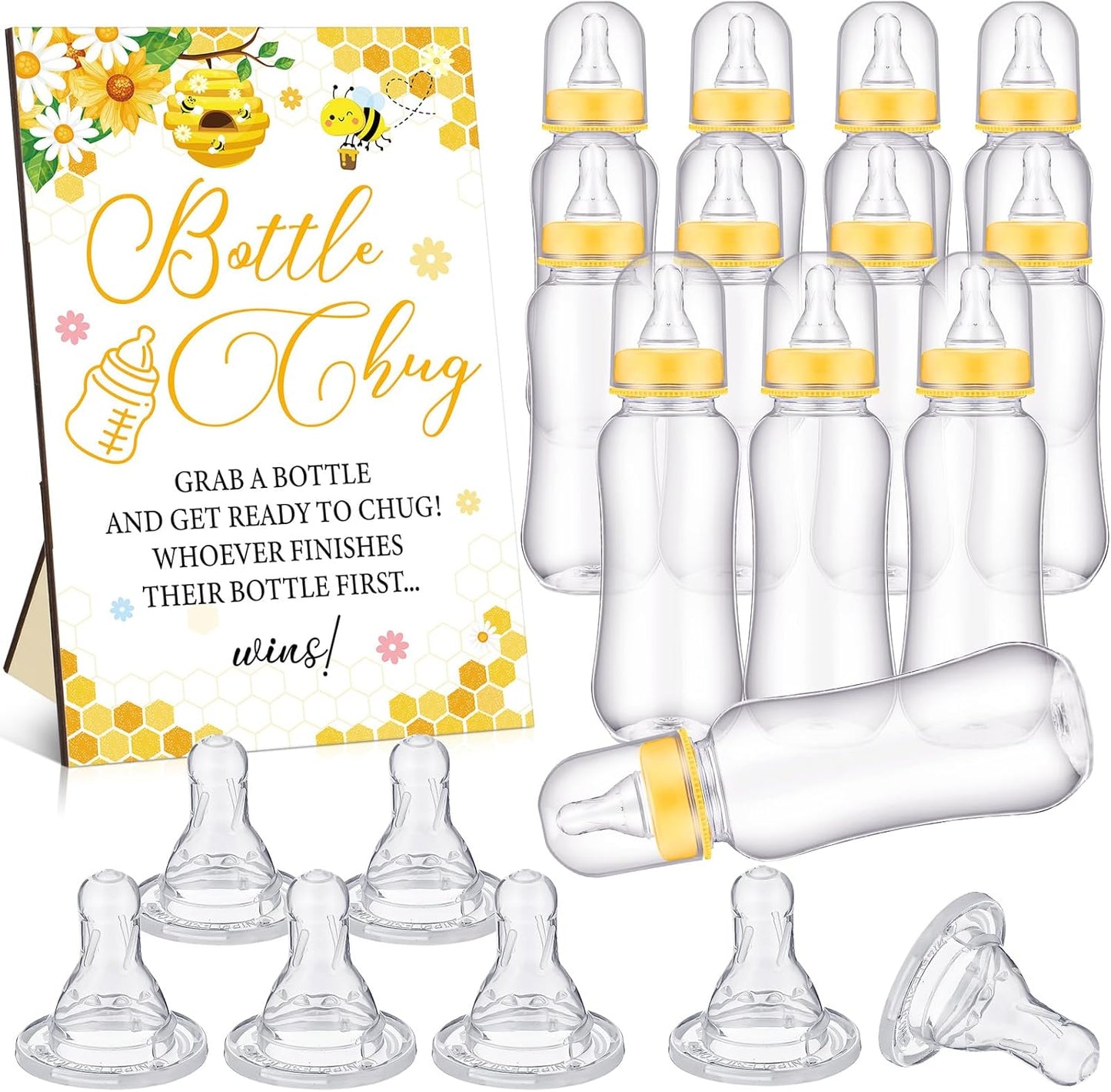 TrelaCo Cool Baby Shower Games Wooden Bottle Chug Sign Bee Theme Gift Sets and 12 Pcs Baby Bottle Shower Favor for Honeycomb Bee Games Gender Reveal