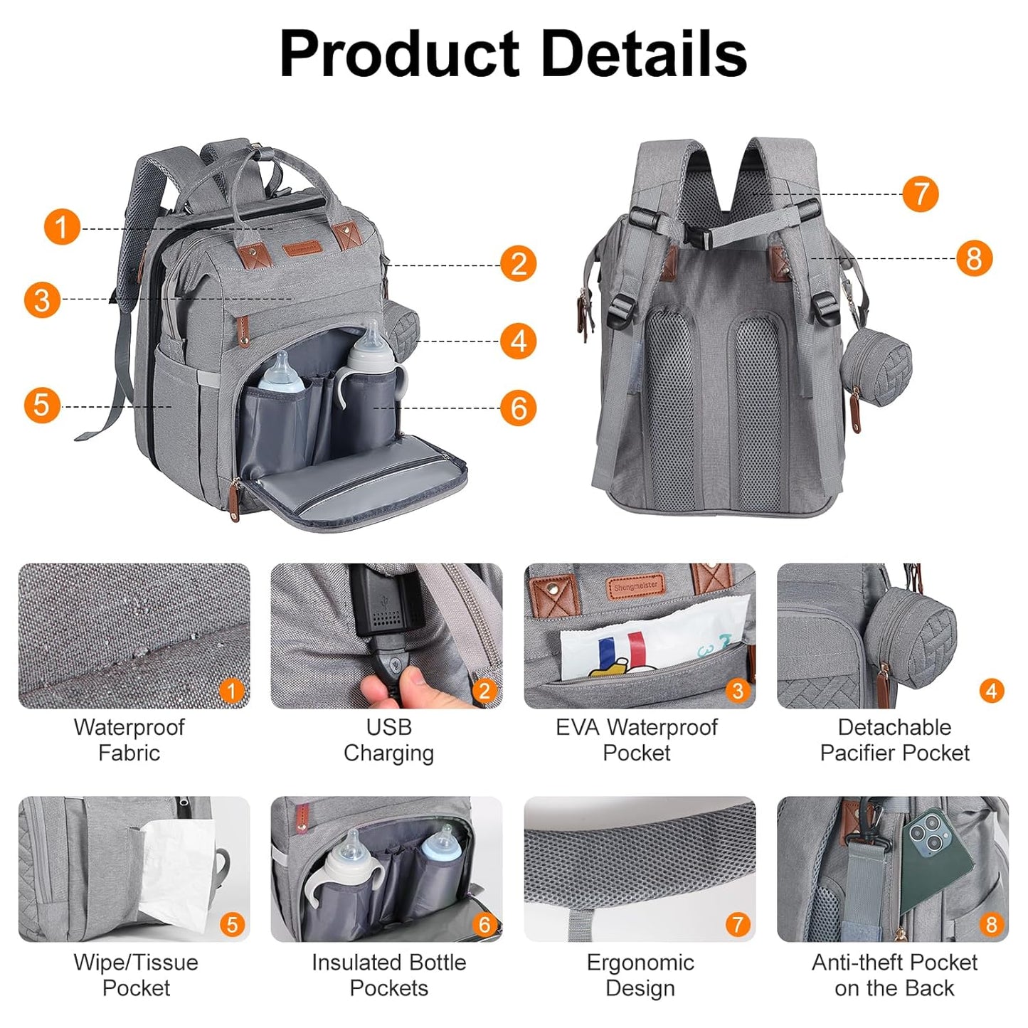 Baby Diaper Bag, Backpack with Changing Table, Unisex Baby Bag, with Diaper Pad, USB Charging Port, Insulated Pacifier Case, Multifunctional Waterproof Travel Diaper Bag, Gift for Newborn Baby (Grey)
