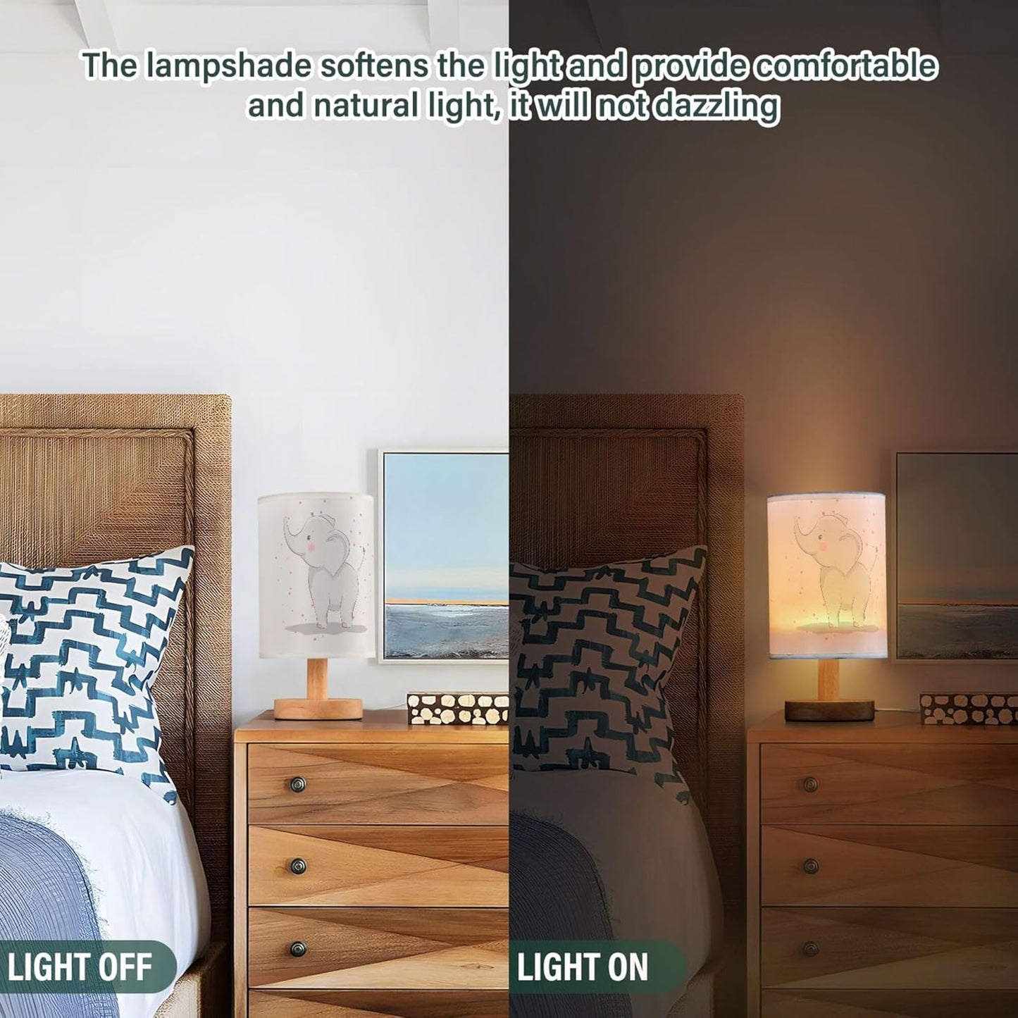 Table Lamp Cute Elephant Baby with Love Heart Valentines Day White Nightstand Lamp with Wood Base Fabric Lamp Shade Bedside Desk Lamp for Living Room Bedroom Kids Room Office