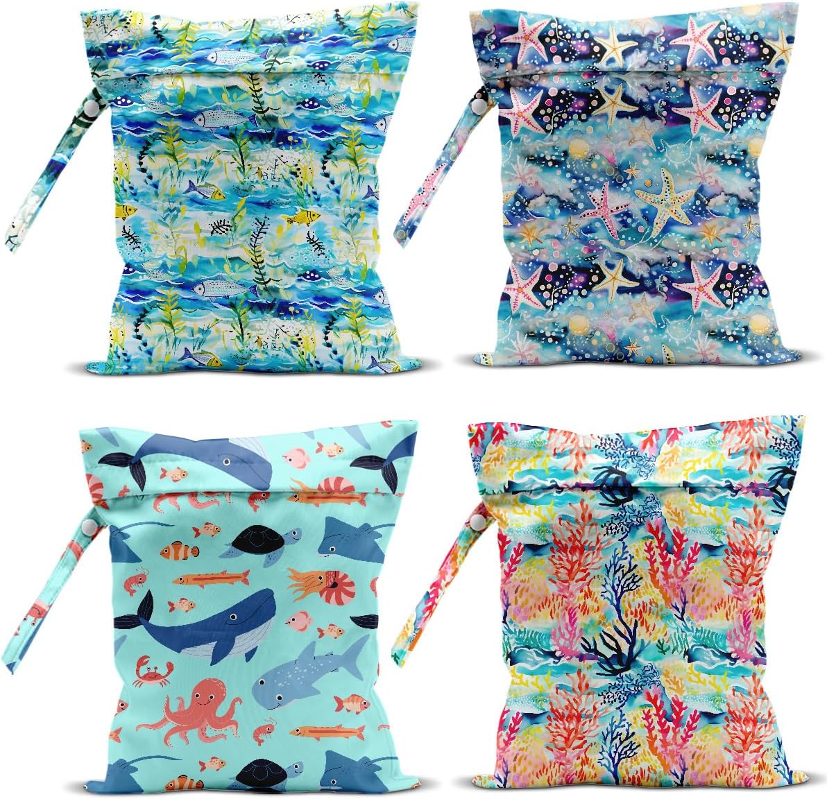 4 Pack Wet Bag for Swimsuit, Beach Travel Essentials Wet Dry Bag, for Sunscreen Toiletry Dirty Clothes Yoga Gym Diaper, Friend Summer Beach Vacation Gifts. Ocean Theme