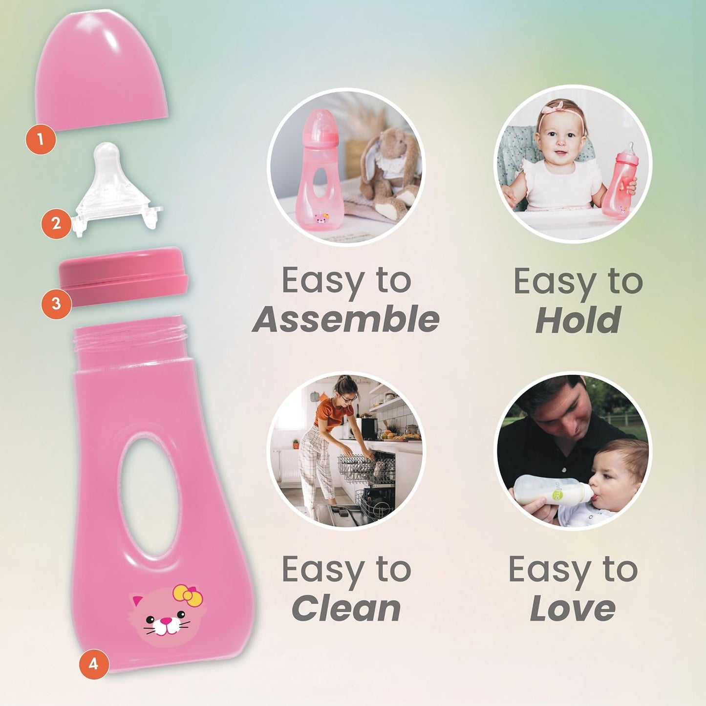 Avima Easy Grip Anti Colic Baby Bottles, BPA Free, 8 oz. Wide Neck w/Medium Flow Silicone Nipples & Bottle Brush Pink Set (Pack of 3)