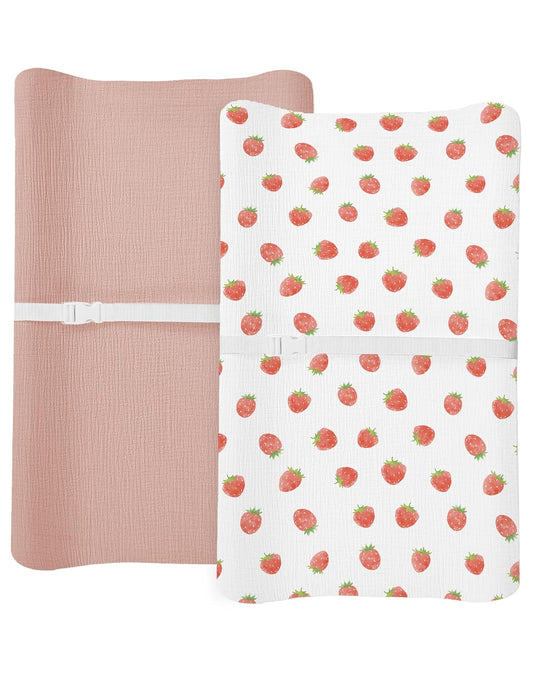Changing Pad Cover for Baby Boy Girl 2 Pack, Muslin Changing Table Pad Covers with Boho Style, Neutral Nursery Bedding Essentials Soft and Breathable (Strawberry & Pale Pink)