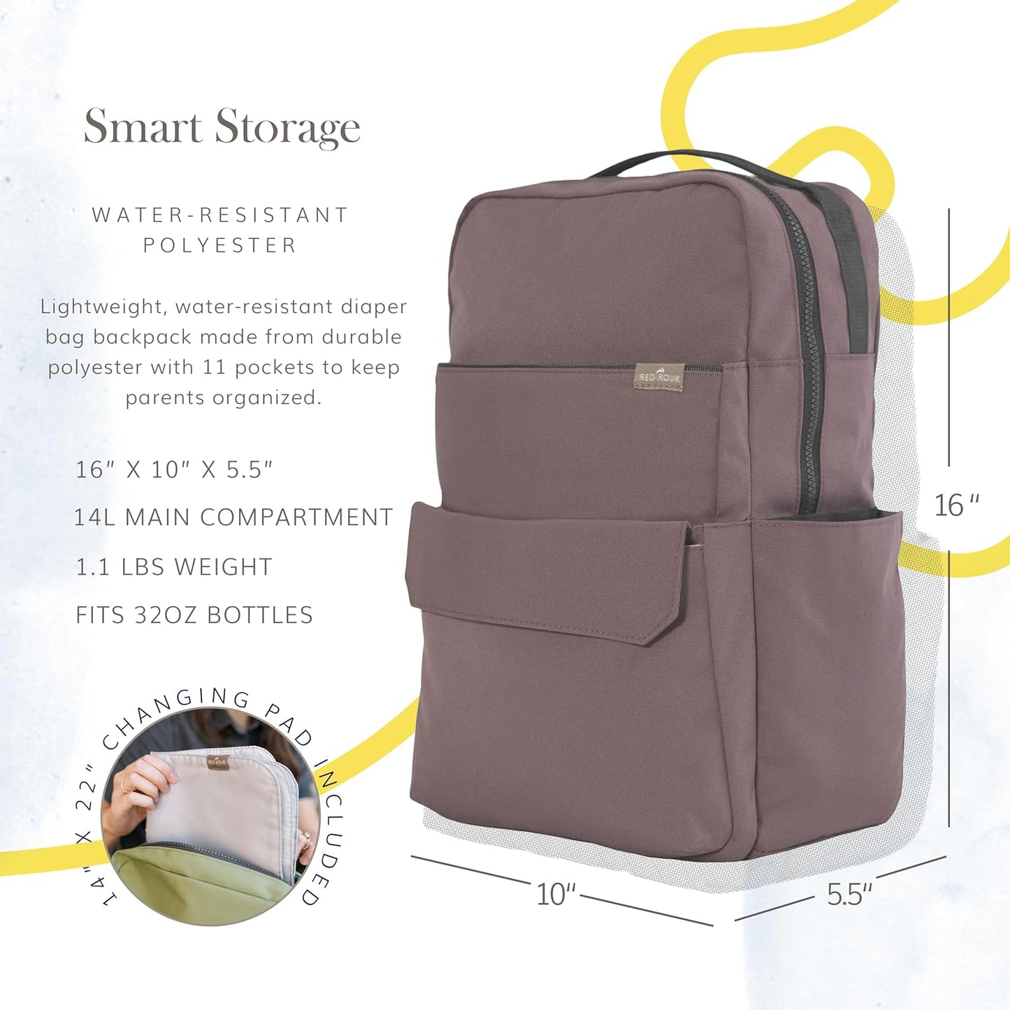 RED ROVR Roo Lightweight 1 LB Diaper Bag Backpack | 11 organizational pockets| Durable & Water-Resistant (Mauve)