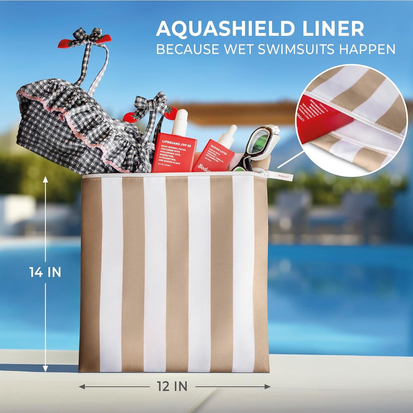 Bodysurf Wet Bag for Swimsuit, Beach, Pool, Gym, Travel, Dirty Laundry - Wet Bags for Baby, Kids, Toddlers, Pump Parts, Cloth Diapers - Reusable Waterproof Striped Makeup & Toiletry Pouch - Sand