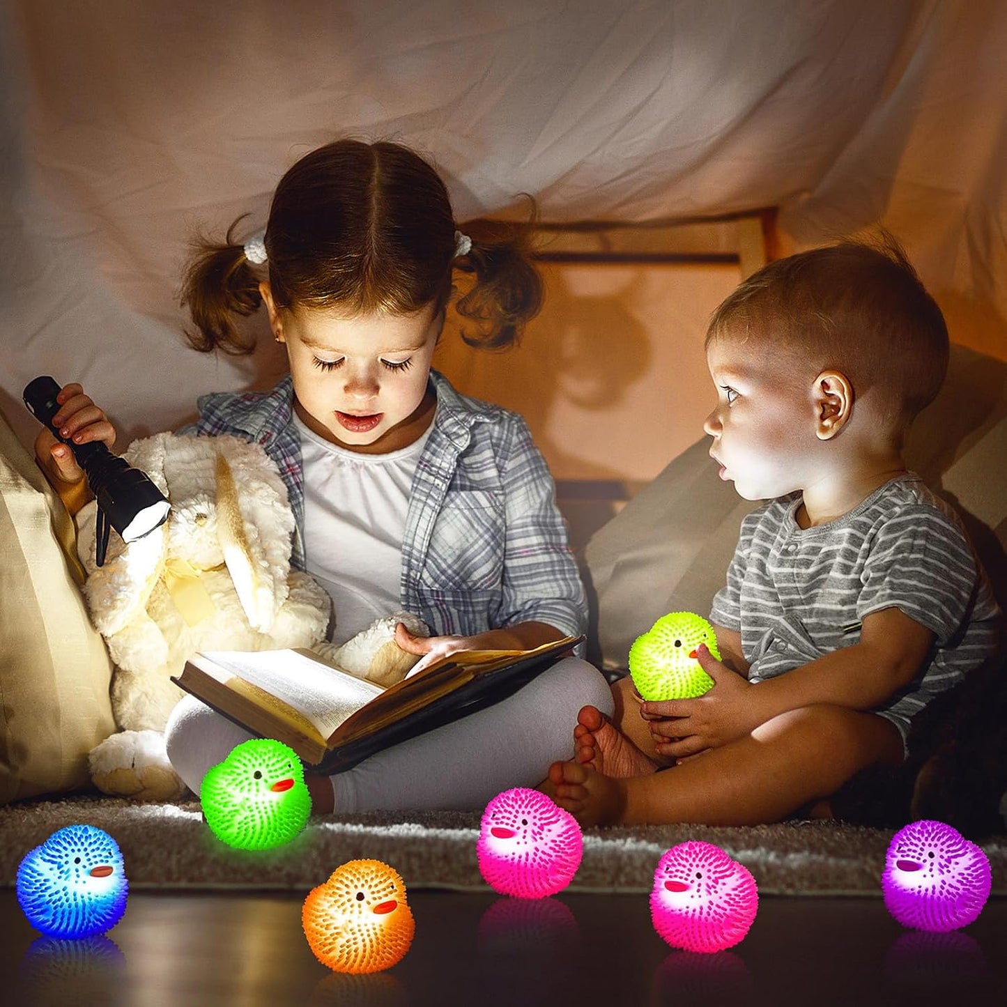 18Pcs LED Light Up Rubber Duck,Puffer Ball Flashing Bath Ducks,Glow Toy Mardi Gras Rubber Ducks Cute Ducklings are Suitable for Birthday Party Gift,Summer Beach Activities,Classroom Prizes,Bath Toy